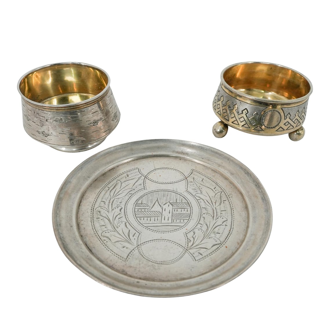 (3 Pc) Russian Imperial Era Silver Tray & Salt Cellars: (3 Pc) Russian Imperial Era Silver Tray & Salt Cellars 1884,1889,1890, Russian The salts are gold washed inside the bowl. One salt stamped Ca.1884 with ball feet, another Ca.1890. Both marked with