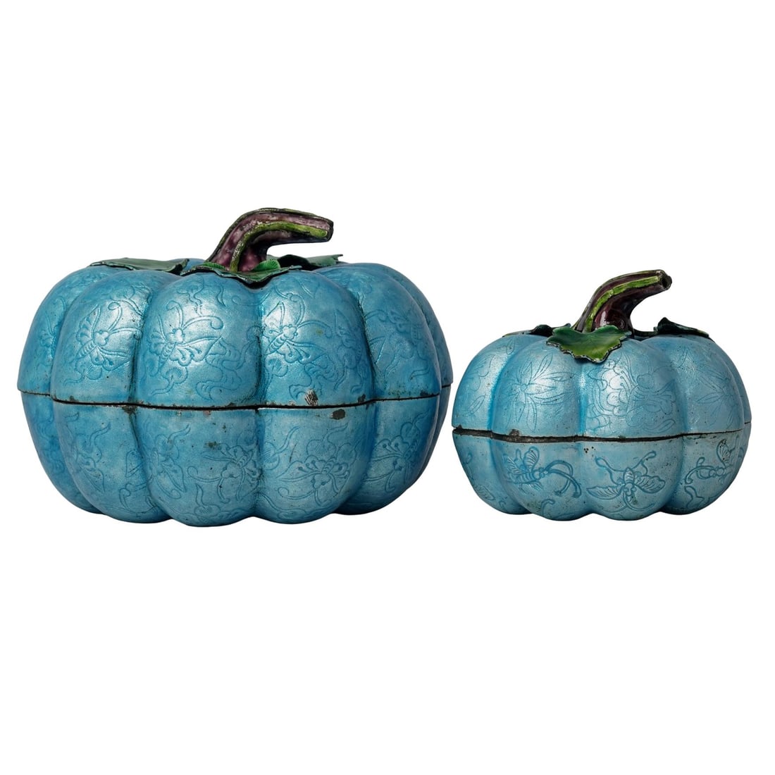 (2 Pc) Chinese Enameled Copper Pumpkin Boxes: (2 Pc) Chinese Enameled Copper Pumpkin BoxesEarly-Mid 20th c., ChinaChinese copper pumpkin boxes decorated in blue enamel with intricate butterfly and floral engravings. The larger piece is stamped "C