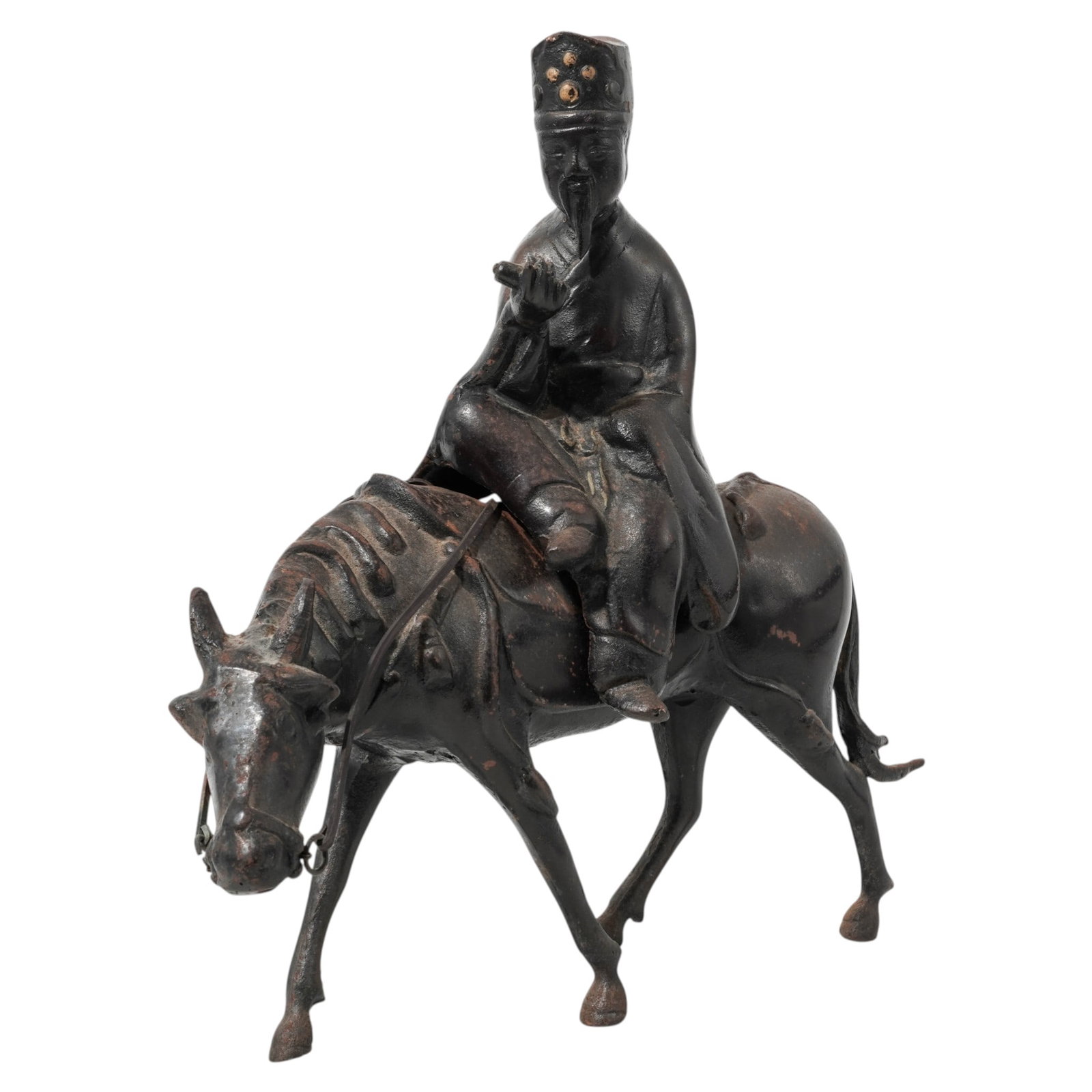19th Century Chinese Scholar on Horseback Iron Sculpture: 19th Century Chinese Scholar on Horseback Iron Sculpture19th century, ChineseA 19th century Chinese cast iron sculpture of a scholar on horseback.H 13" x L 12.75" x W 4"