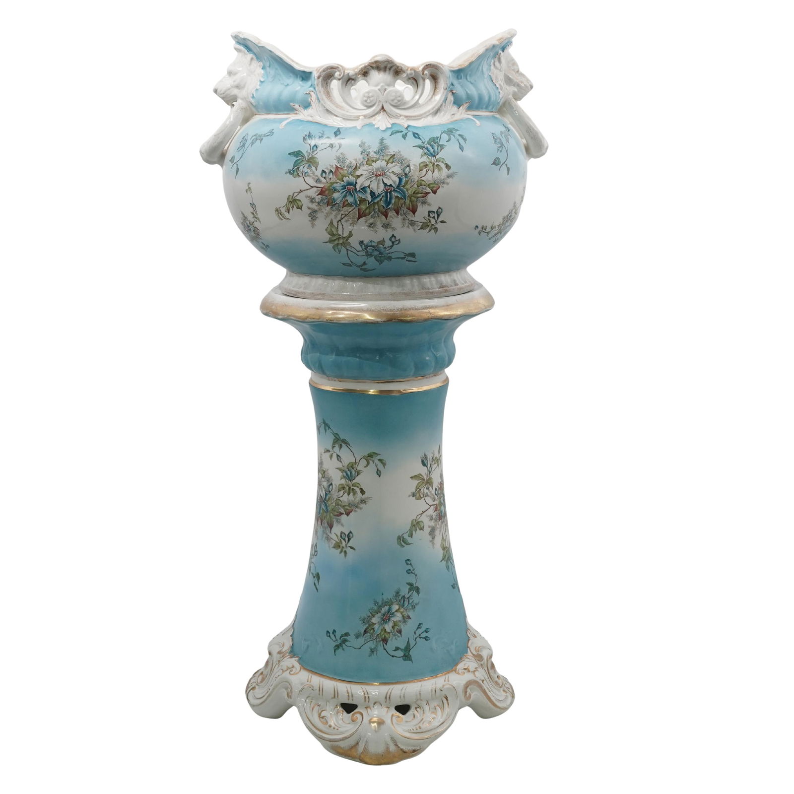 Antique Edwin Bennett Pottery Co. Hand Painted Jardiniere: Antique Edwin Bennett Pottery Co. Hand Painted JardiniereLate 19th-early 20th century, AmericanAn antique Edwin Bennett Pottery Co. jardiniere and stand in white and blue with hand-painted floral desi