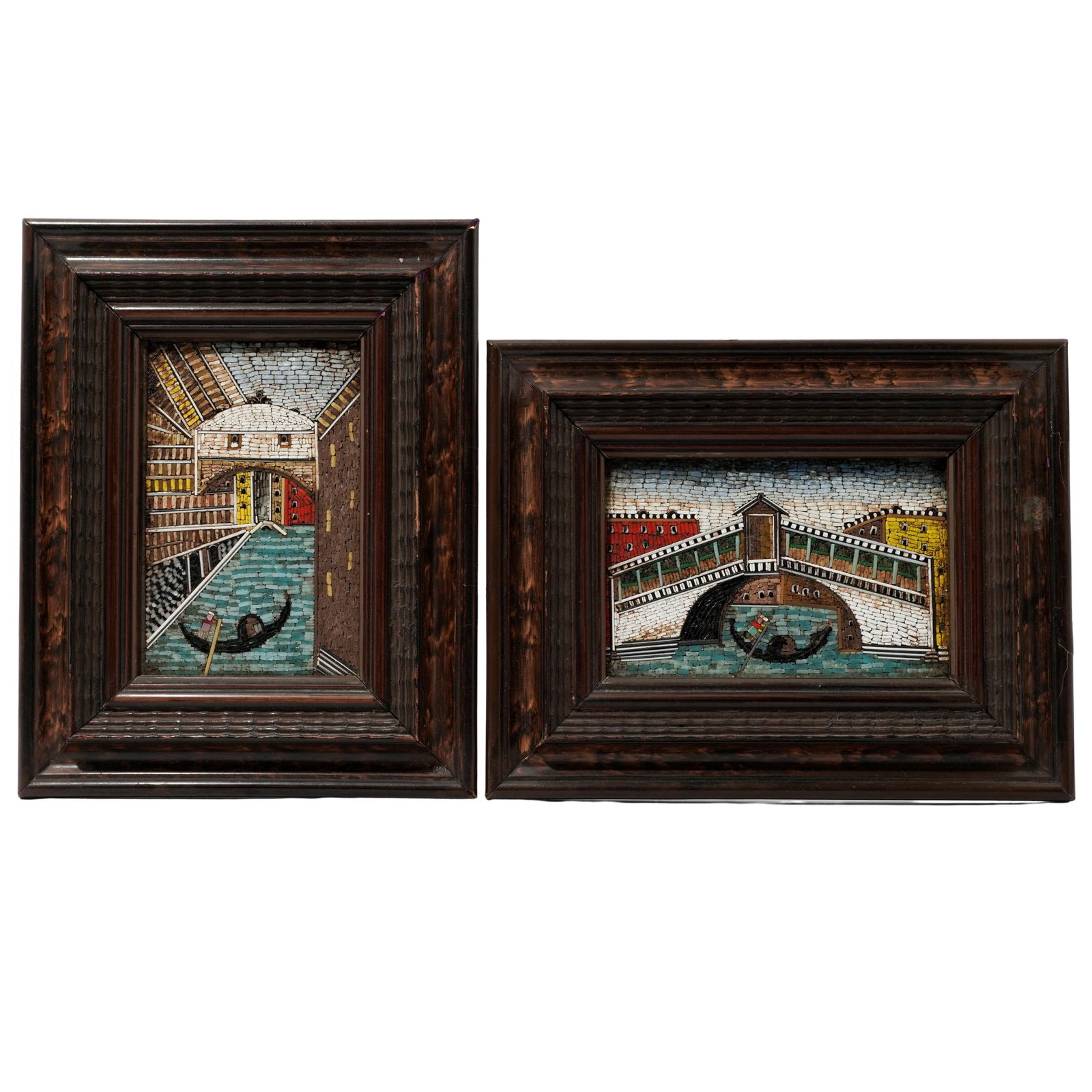 Pair of Italian Micro Mosaics of Venice: Pair of Italian Micro Mosaics of Venice20th century, ItalianA pair of framed Italian micro-mosaics depicting scenes of Venice. Wood frames.Image 3.5" x 5.5" Frame 7.5" x 9.5"