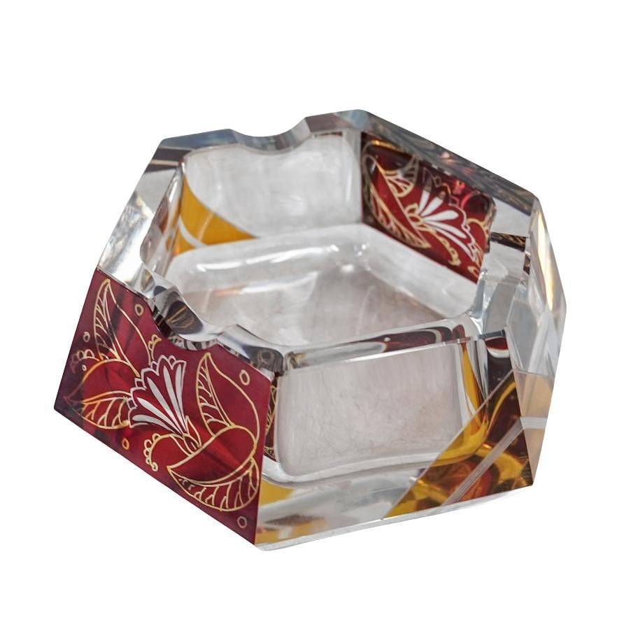 Art Deco Style Ruby Red to Clear Cut Crystal Ashtray: Art Deco Style Ruby Red to Clear Cut Crystal Ashtray 20th century, Italian The crystal ashtray designed in modernist hexagonal shape with gold, red, white raised floral details and made from cut