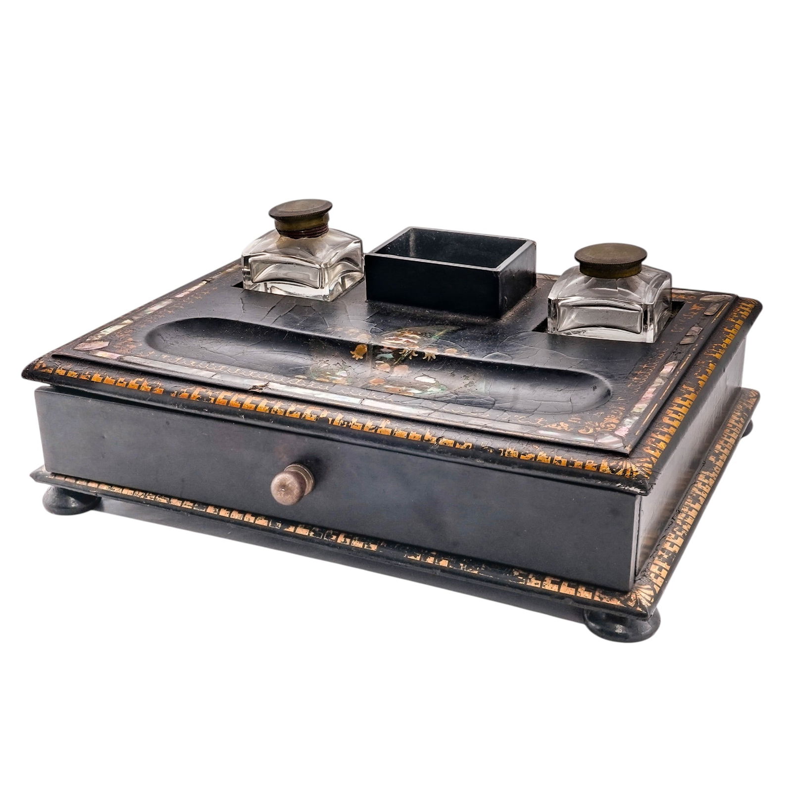 Victorian Chinoiserie Paper Mache Desk Inkwell Standish (1 of 8)