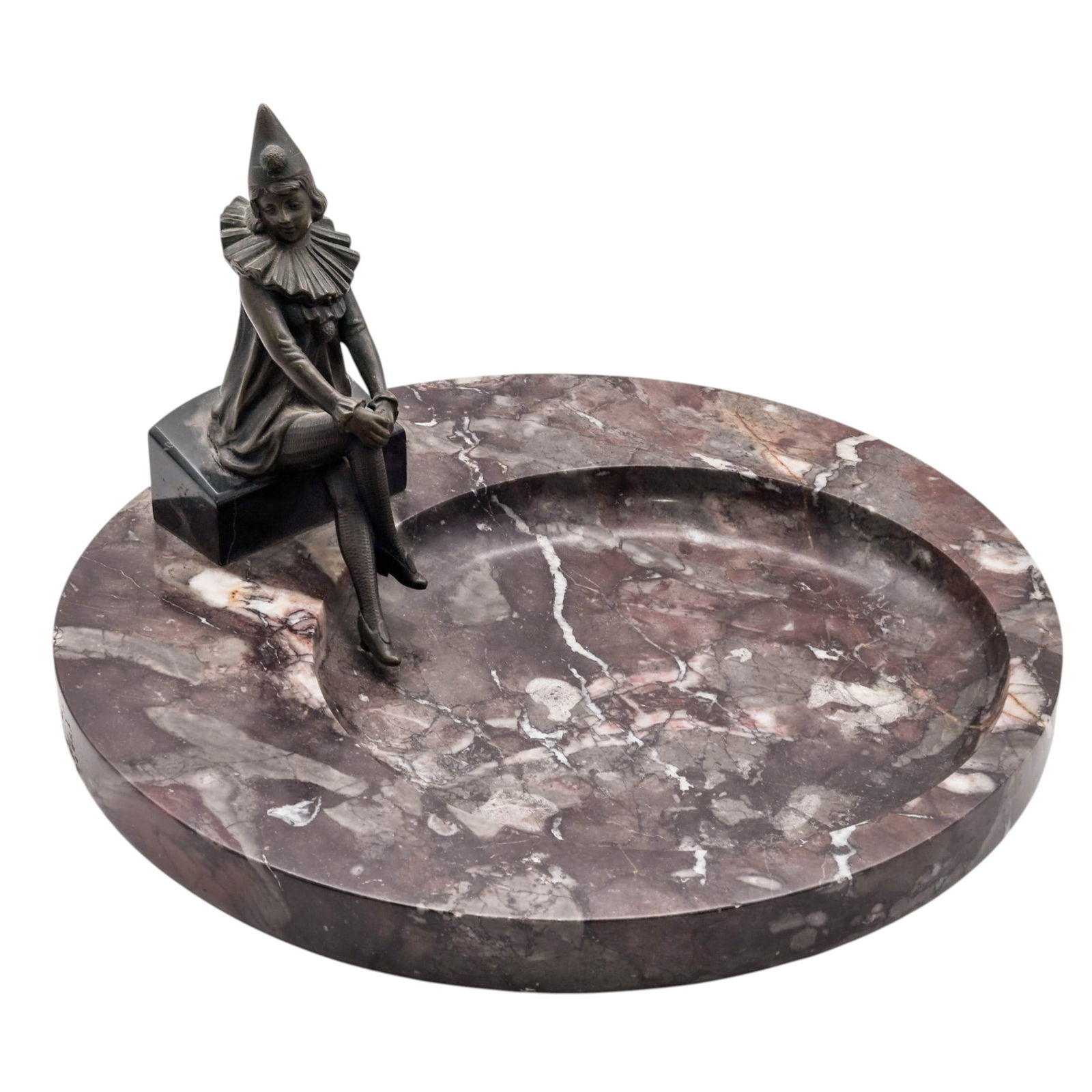 Art Deco Bronze Pierrot Figurine On Marble Dish Base: Art Deco Bronze Pierrot Figurine On Marble Dish Base Early 20th c. Antique cast bronze statuette of a pierrette clown seated on the edge of a carved red marble dish. H: 6.75" Dia: 12"