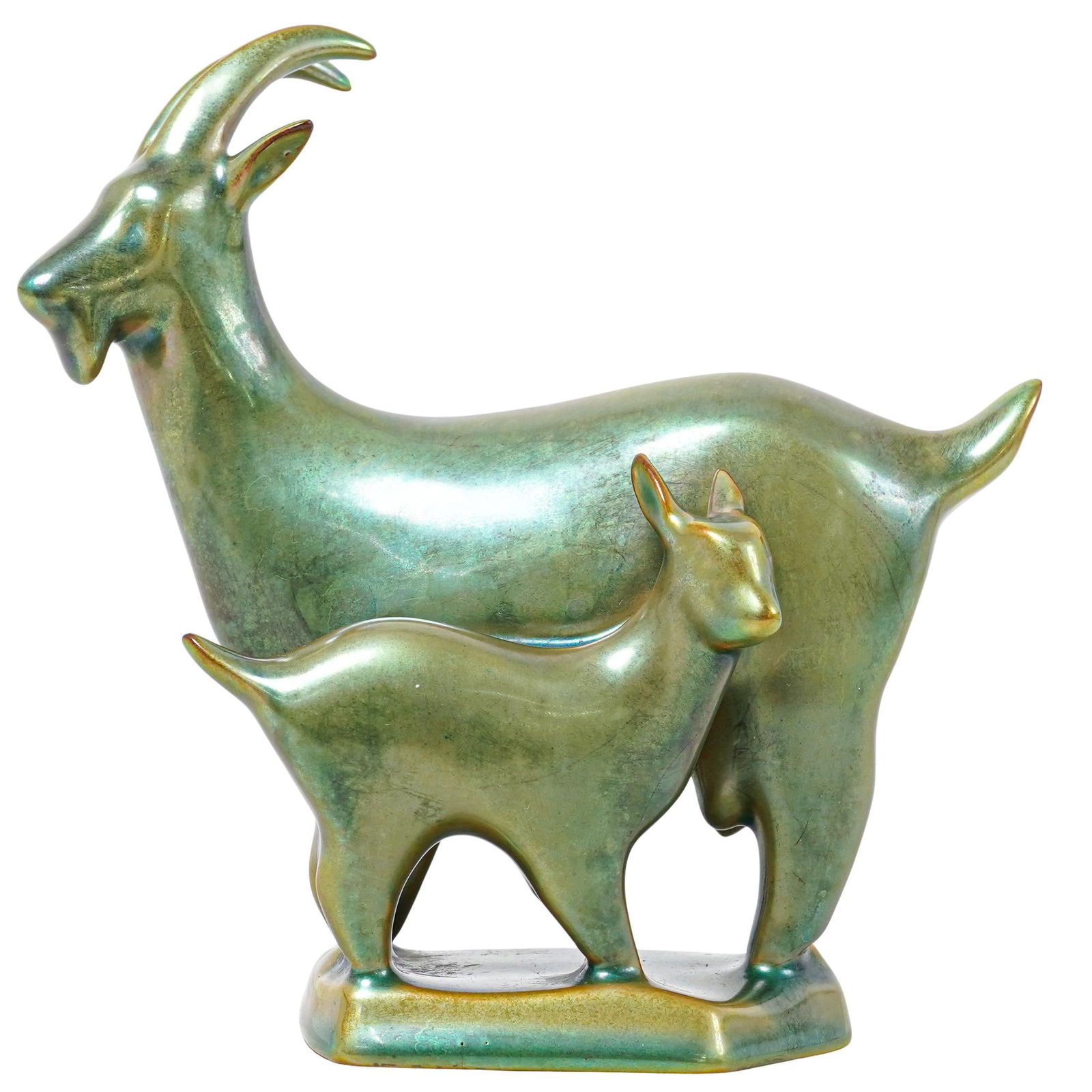 Zsolnay Eosin Green Iridescent Glazed Goat & Kid Porcelain Figurine: Zsolnay Eosin Green Iridescent Glazed Goat & Kid Porcelain Figurine20th century, HungarianZsolnay figurine depicts a mother goat with her kid. Marked on the base with Zsolnay stamp and signed by the a