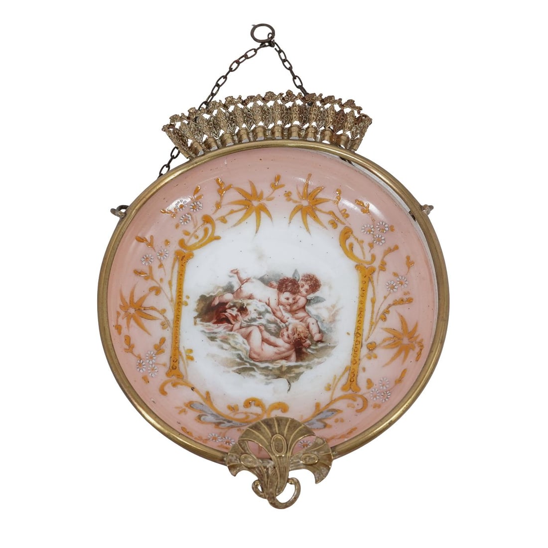 Antique Baccarat Opaline Glass Wall Plaque: Antique Baccarat Opaline Glass Wall Plaque1845-1870, FrenchIt is characterized by its soft pink coloration, hand-painted neoclassical scene, and ornate gilt bronze (ormolu) frame featuring crown-like