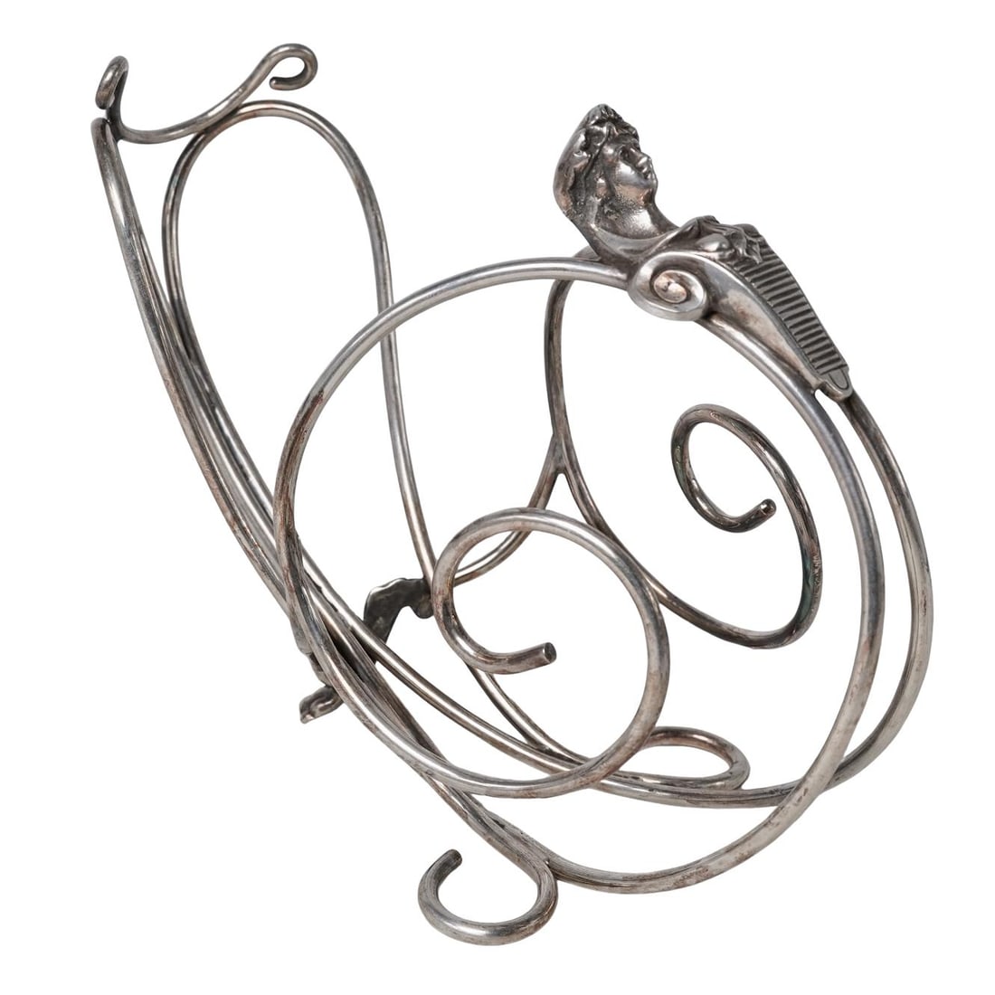 Elkington & Co. English Silver Plated Wine Bottle Cradle: Elkington & Co. English Silver Plated Wine Bottle Cradle c. 1960s, England Art Nouveau style silver-plated wine bottle holder/pourer featuring a figural female bust on the handle. It is stamped with