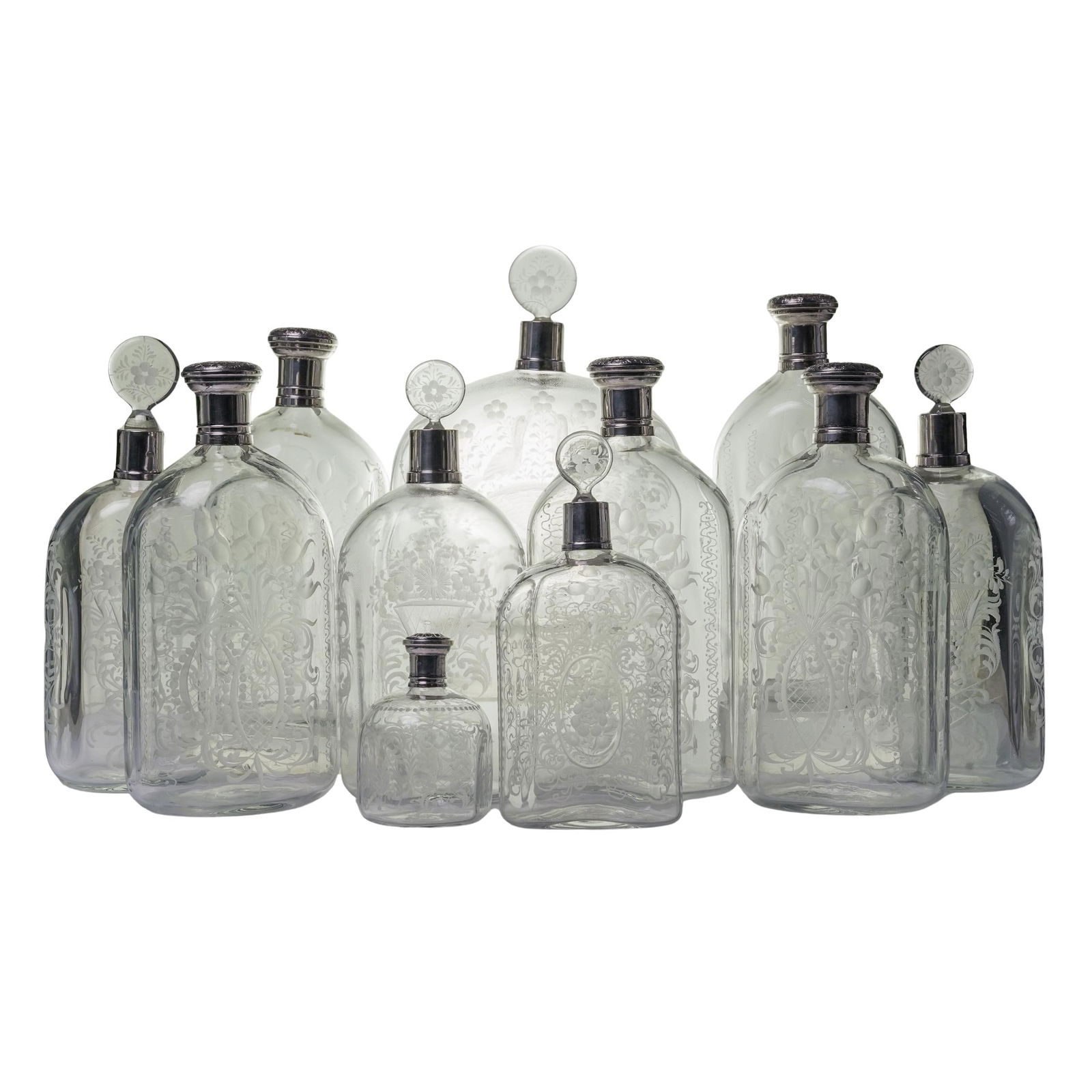 (11pc) Silver Mounted Glass Decanter & Perfume Bottle Group (1 of 12)