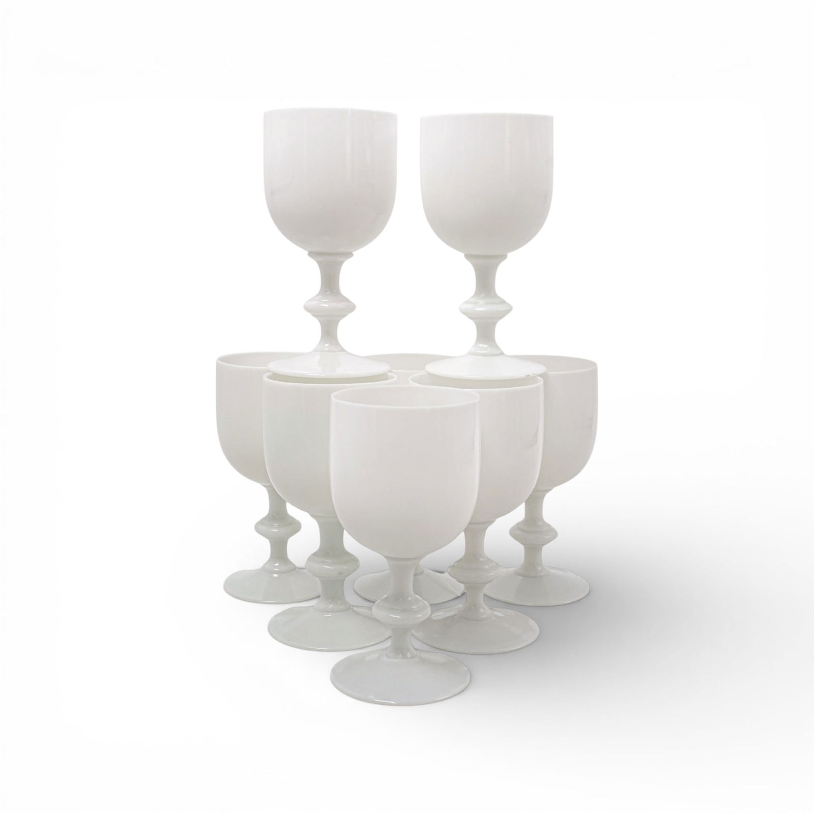 (8pc) Portieux Vallerysthal Opaline Glass Goblets: (8pc) Portieux Vallerysthal Opaline Glass GobletsEarly to mid 20th century, FrenchPortieux Vallerysthal white goblets, crafted from opaline glass, characterized by their opaque, creamy white color and