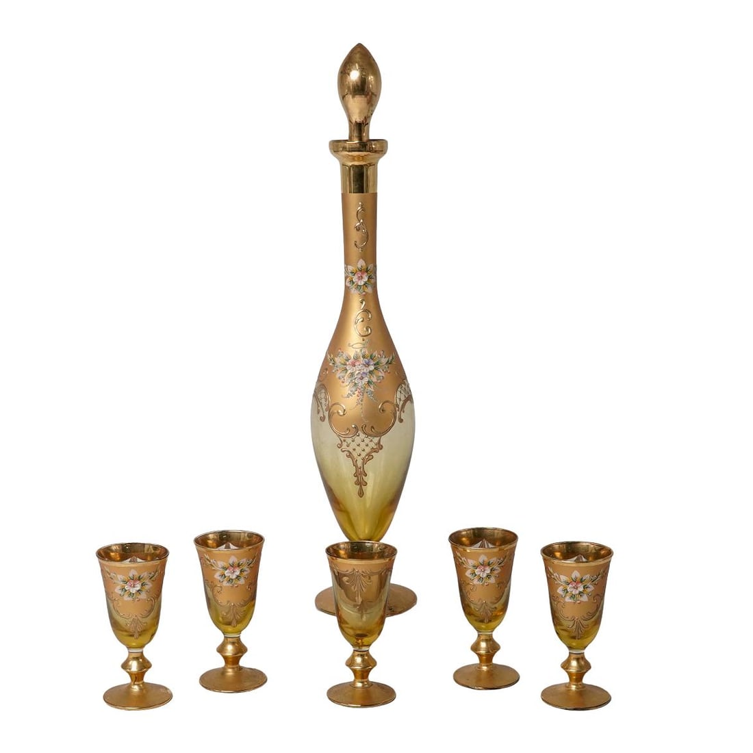 (6 Pc) Murano Tre Fuochi Decanter & Cordial Glasses (1 of 14)