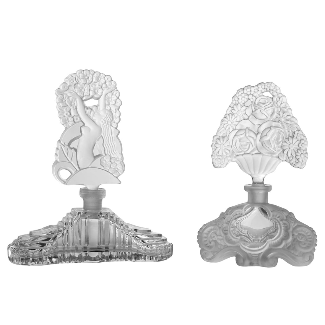 (2pc) Vintage Bohemian Crystal Perfume Bottles: (2pc) Vintage Bohemian Crystal Perfume BottlesMid 20th century, CzechVintage Bohemian crystal perfume bottles lot including one Art deco style example featuring a frosted figural stopper depicting one