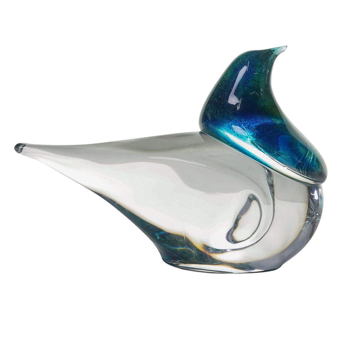 Daum Crystal Art Glass Bird Sculpture: Daum Crystal Art Glass Bird SculptureMCM, FrenchHandcrafted in France, this piece features a clear crystal body and vibrant blue and green colored head. The head is often made using the pate-de-verre