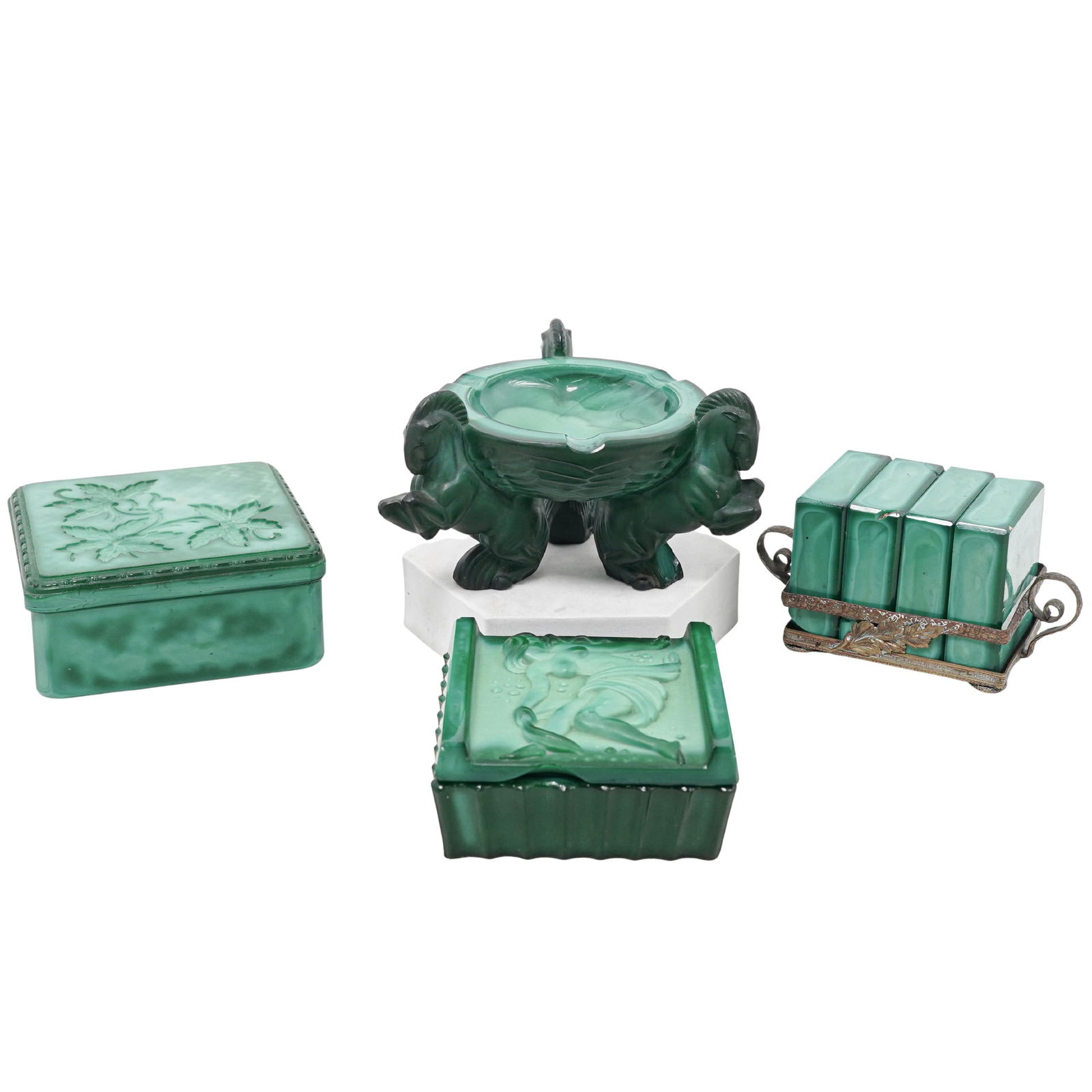 (4pc) Art Deco Bohemian Malachite Glass Group 'Ingrid' by Curt Schlevogt: (4pc) Art Deco Bohemian Malachite Glass Group 'Ingrid' by Curt SchlevogtEarly 20th century, CzechThis collection is an example of Bohemian Art Deco artistry from the early 20th century. The group incl