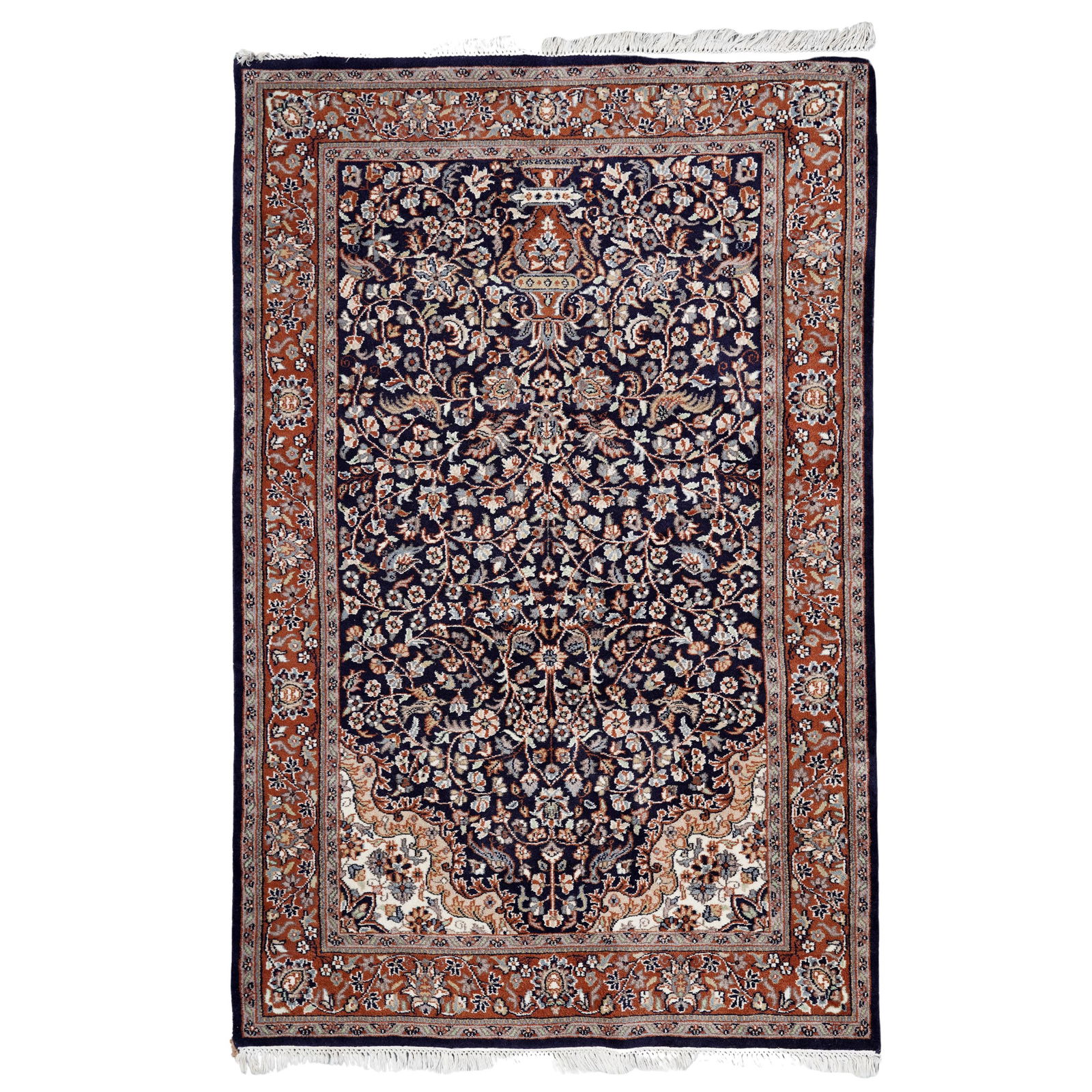 Persian Kerman Tree of Life Wool Rug: Persian Kerman Tree of Life Wool Rug20th century, PersianPersian Kerman "Tree of Life" wool rug. Features a traditonal Kerman "vase" design, with an ornate vase at bottom and a tree of life potted, gr