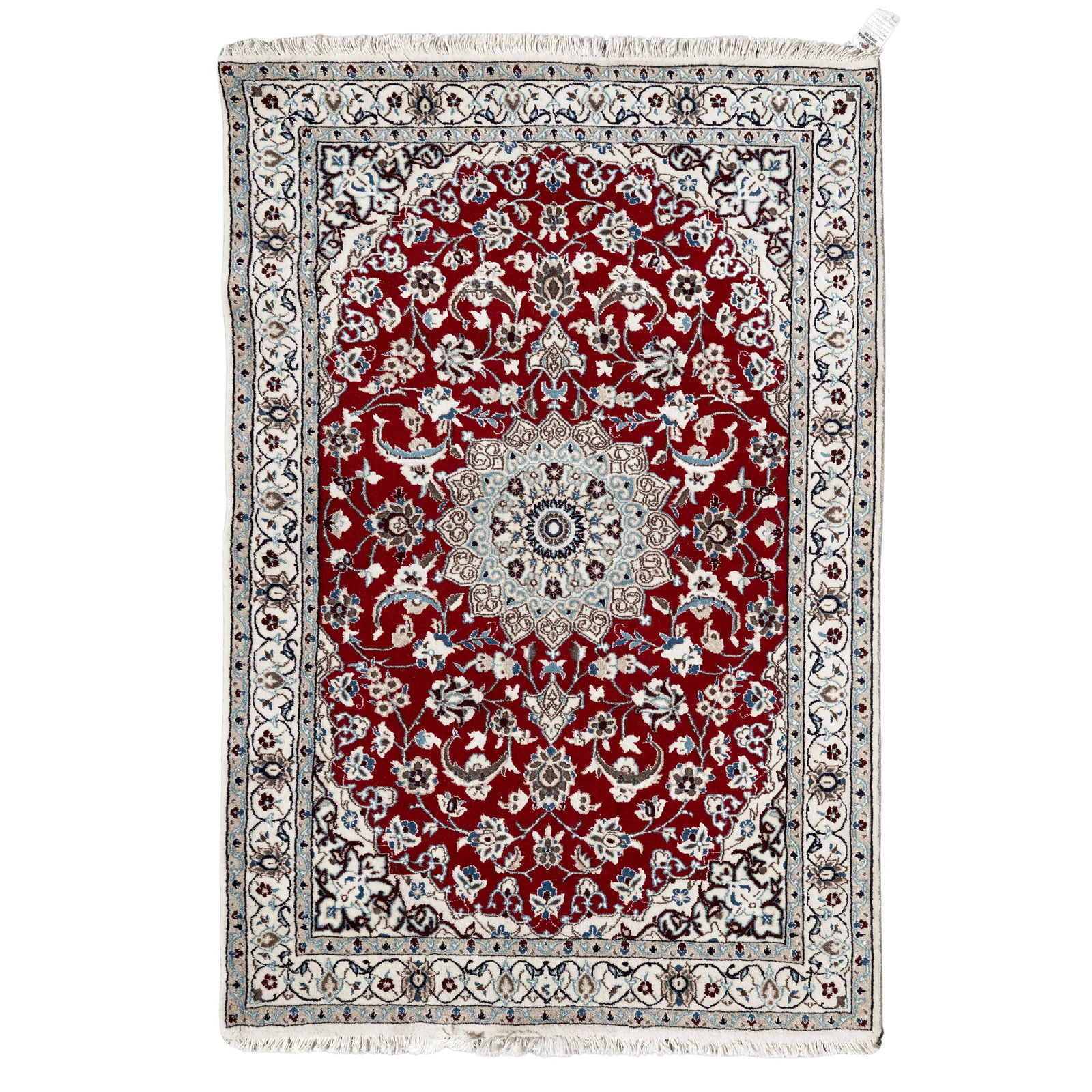 Hand Woven Iranian Nain Wool Rug: Hand Woven Iranian Nain Wool Rug20th century, IranianA hand-woven Iranian Nain wool rug. Features classic light colored floral border work with a contrasting, less common, deep red field with a large,