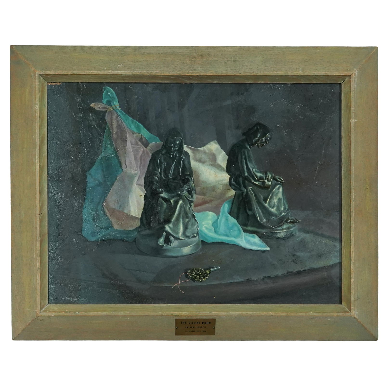 Anthony Schepis (American b.1927) "The Silent Room" Oil on Masonite: Anthony Schepis (American b.1927) "The Silent Room" Oil on Masonite1958, AmericanAnthony Schepis is known for Contemporary Realism. His paintings feature objects that appear "frozen in time and space"