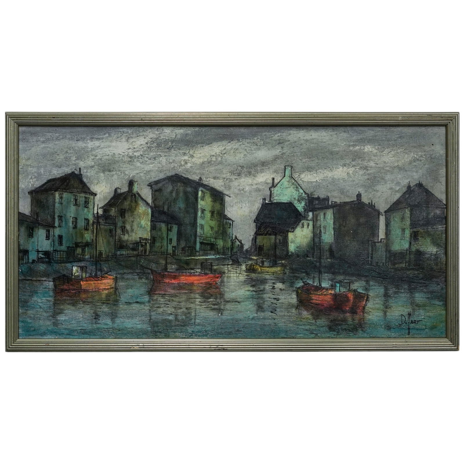 L. Duhart Harbor Scene Oil on Canvas: L. Duhart Harbor Scene Oil on Canvas20th century, AmericanHarbor scene at dusk oil on canvas, signed Duhart lower right corner. L. Duhart known for consistently depicting coastal, village, and harbor