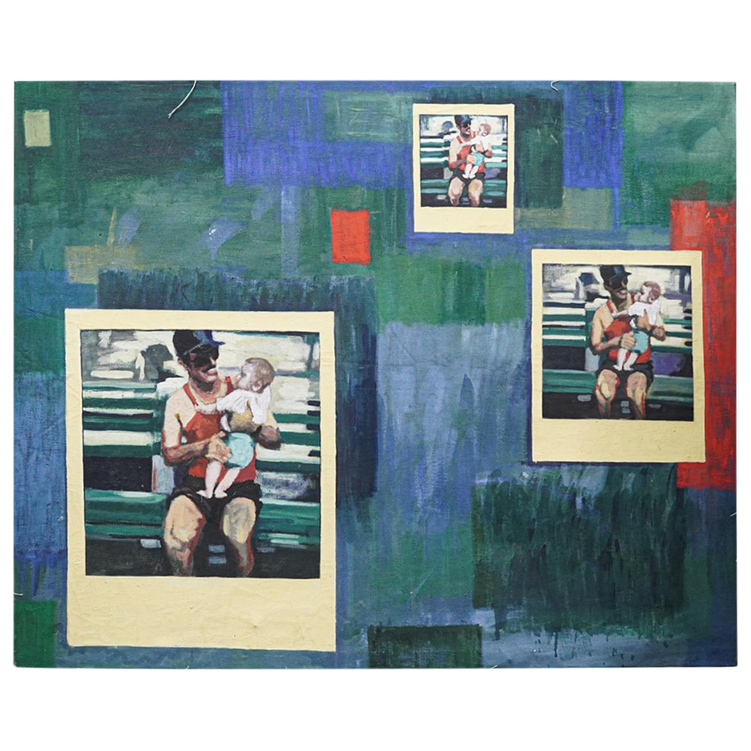 Father & Child Memories Acrylic On Canvas Painting: Father & Child Memories Acrylic On Canvas Painting20th- 21st centuryAcrylic on canvas depicting a seated man holding a child, rendered in multiple framed compositions over an abstract ground of layere