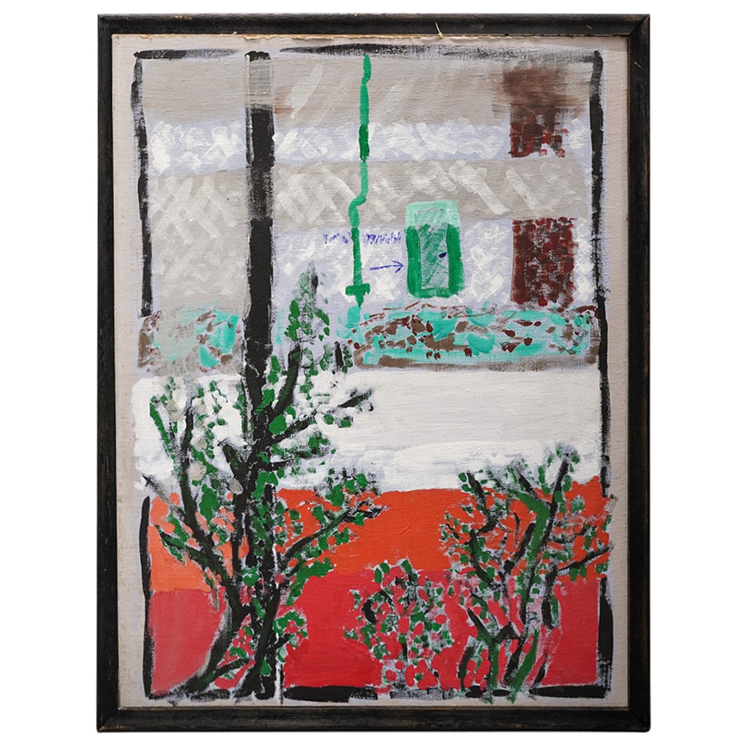 Signed J. Lyon Oil On Board Landscape Painting: Signed J. Lyon Oil On Board Landscape Painting20th centuryOil on board painting depicting an outdoor viewed seen through a window. Presented in a black wooden frame. Signed to the verso "J. Lyons"Fram