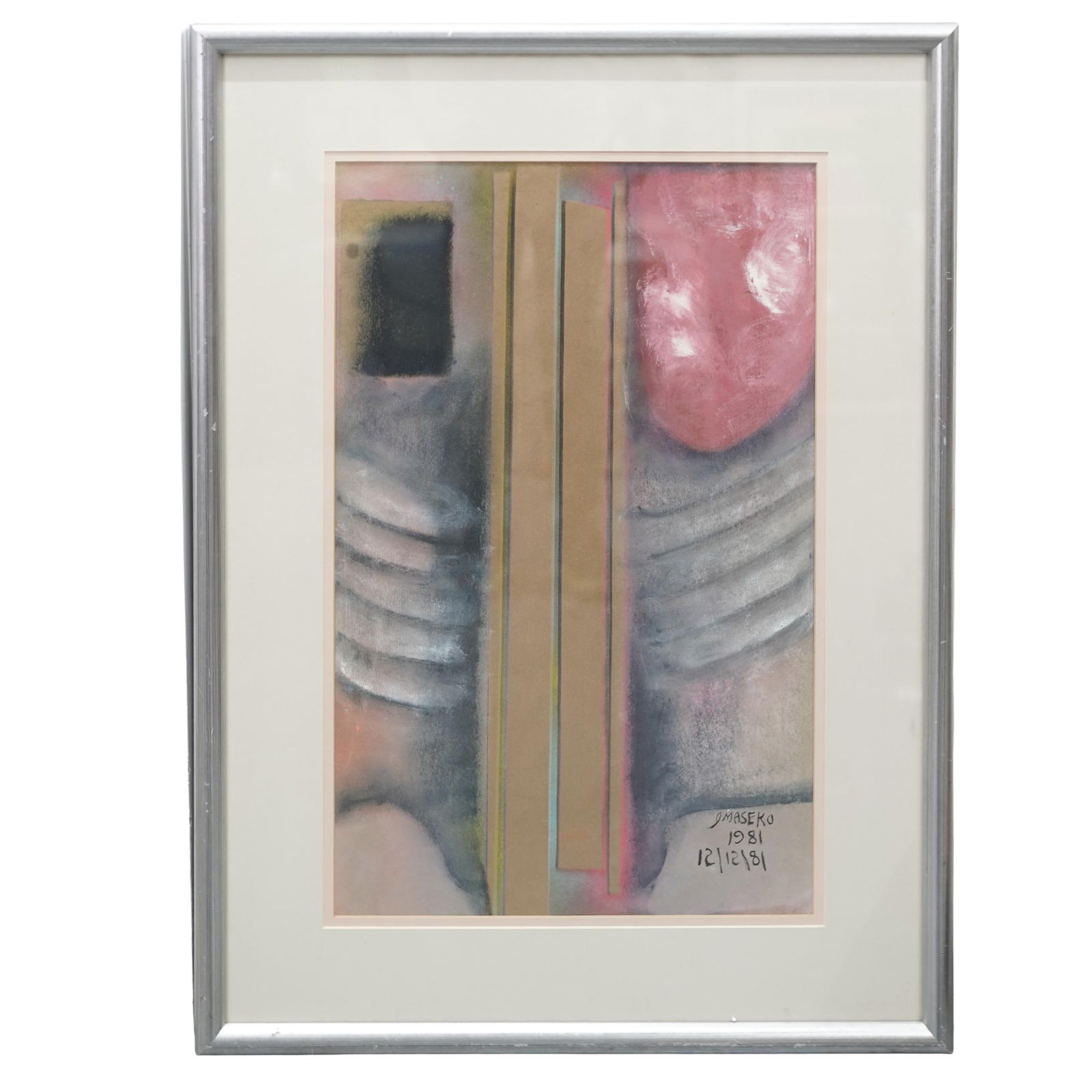 Joe Maseko (South African 1940-2008) Abstract Mixed Media on Paper: Joe Maseko (South African 1940-2008) Abstract Mixed Media on Paper1981, South AfricanThe piece is vertically oriented, divided by central yellow and green bands. Flanking these bands are two abstract