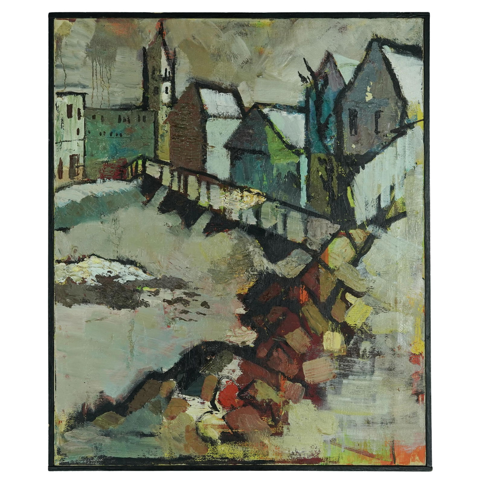 Signed "Allport" Expressionist Oil on Csnvas Cityscape: Signed "Allport" Expressionist Oil on Csnvas Cityscape20th centuryAn oil on canvas cityscape painting in an expressionist style. Signed on verso "Allport". Black frame.Frame H 24.5" x W 20.5" Image H