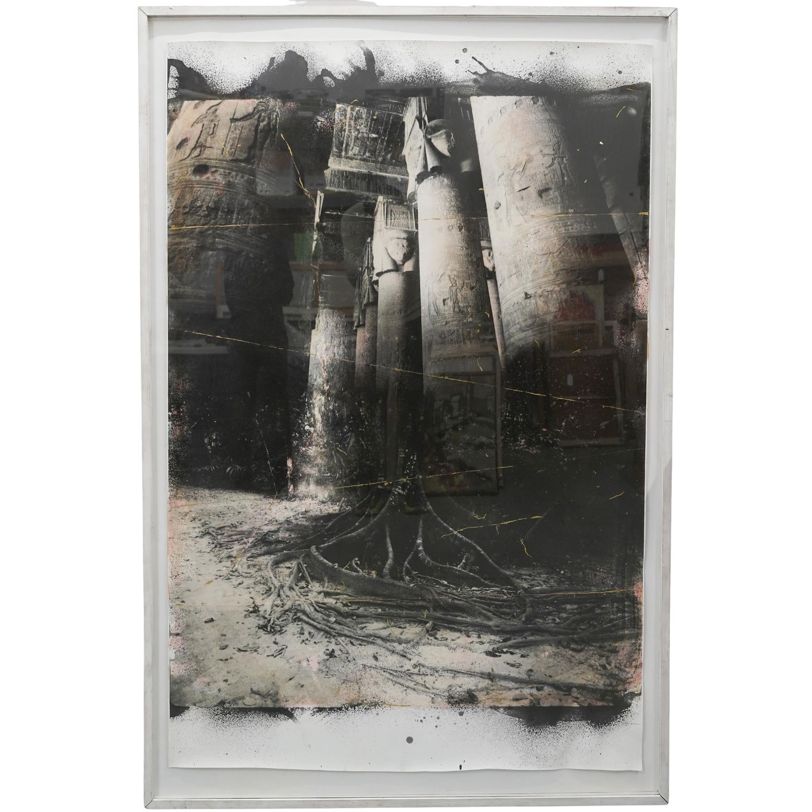 Norinne Betjemann "Source" Mixed Media Print: Norinne Betjemann "Source" Mixed Media Print1991, USALarge mixed media print by the artist Norinne Betjemann (American, b. 1959) featuring a photo of Ancient Egyptian pillars with gold leaf and painte