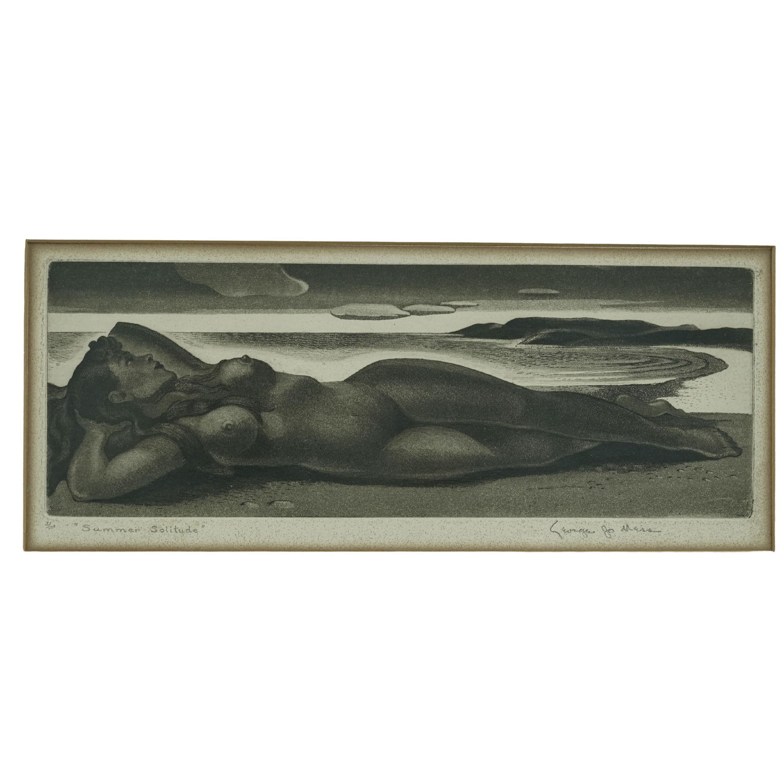 George Jo Mess (American, 1898-1962) "Summer Solitude" Etching on Paper: George Jo Mess (American, 1898-1962) "Summer Solitude" Etching on Paper20th century, AmericanAn etching on paper titled "Summer Solitude" depicting a nude study by artist george Joseph Mess (American,