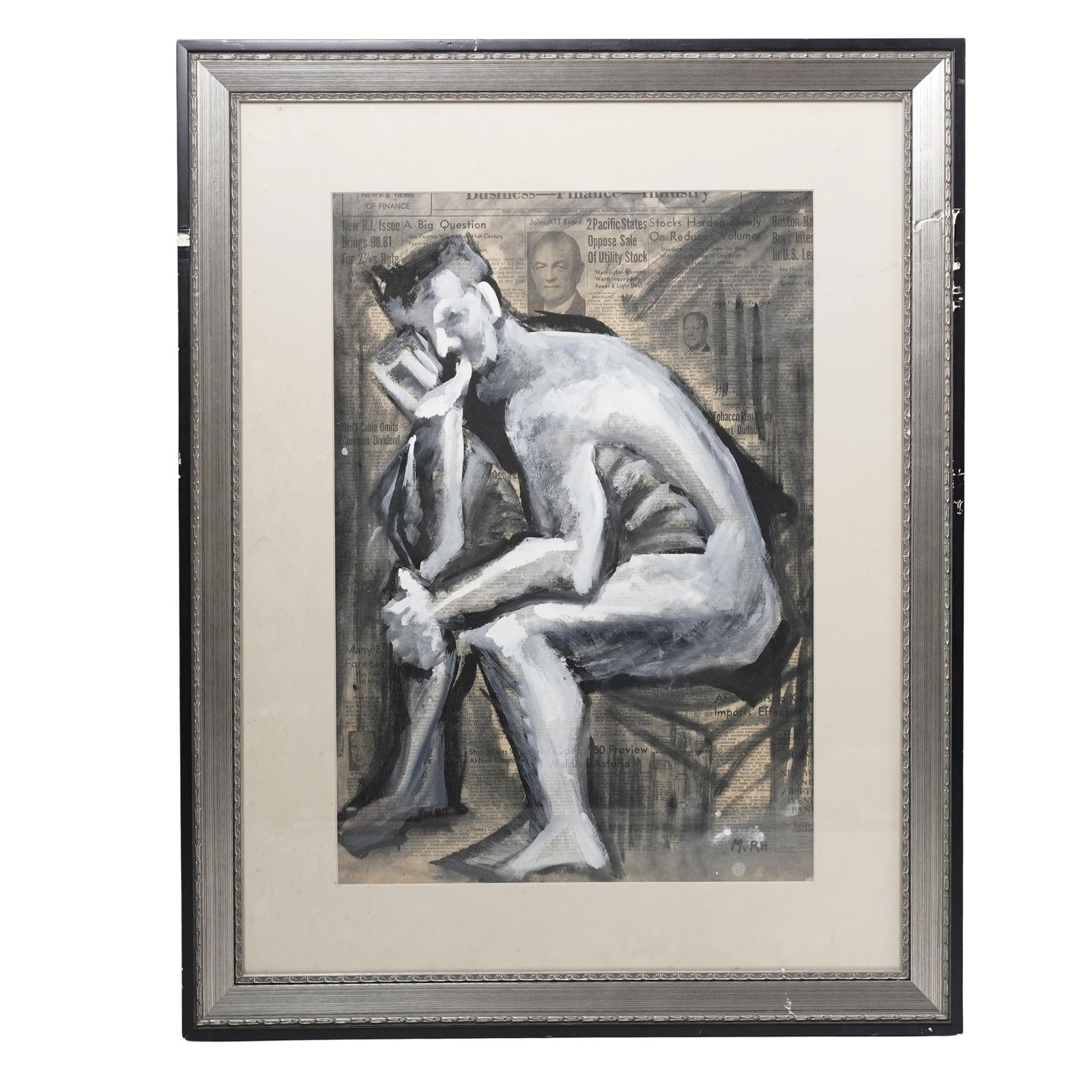 Acrylic Painting on Newspaper Signed "Murh": Acrylic Painting on Newspaper Signed "Murh"20th century, USAThe artist Murh is especially known for series of expressive, figurative studies executed on vintager newspaper. The signature "Murh" is fou