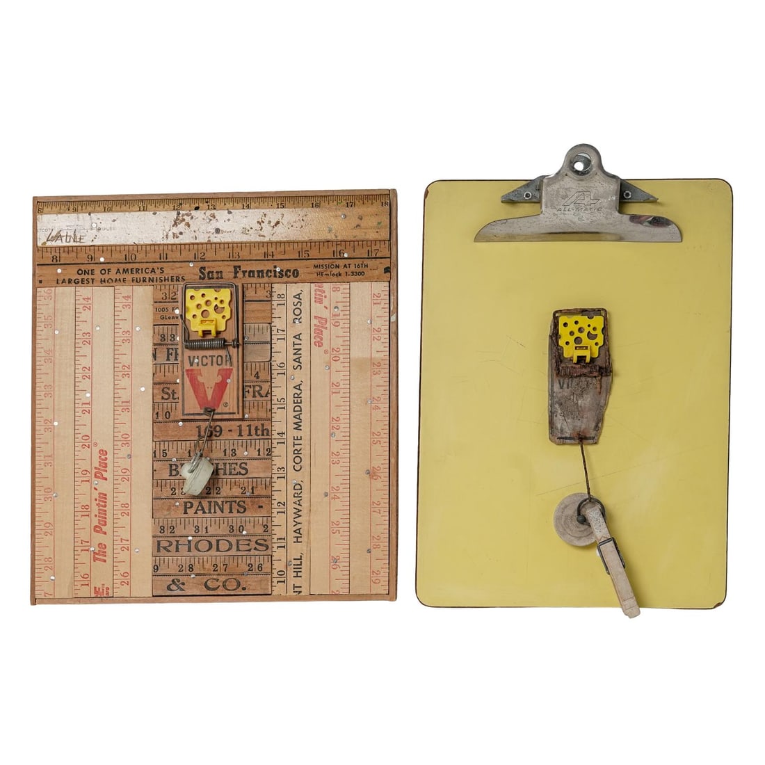 (2 Pc) Jose Ramon Lerma (American, b. 1930) Mouse Trap Art: (2 Pc) Jose Ramon Lerma (American, b. 1930) Mouse Trap Art1991, USA``Two mixed media collage sculptures with mouse traps. One is signed and dated to verso.H: 2" L: 12.5" W: 9"H: 1.25" L: 12" W" 10.75"