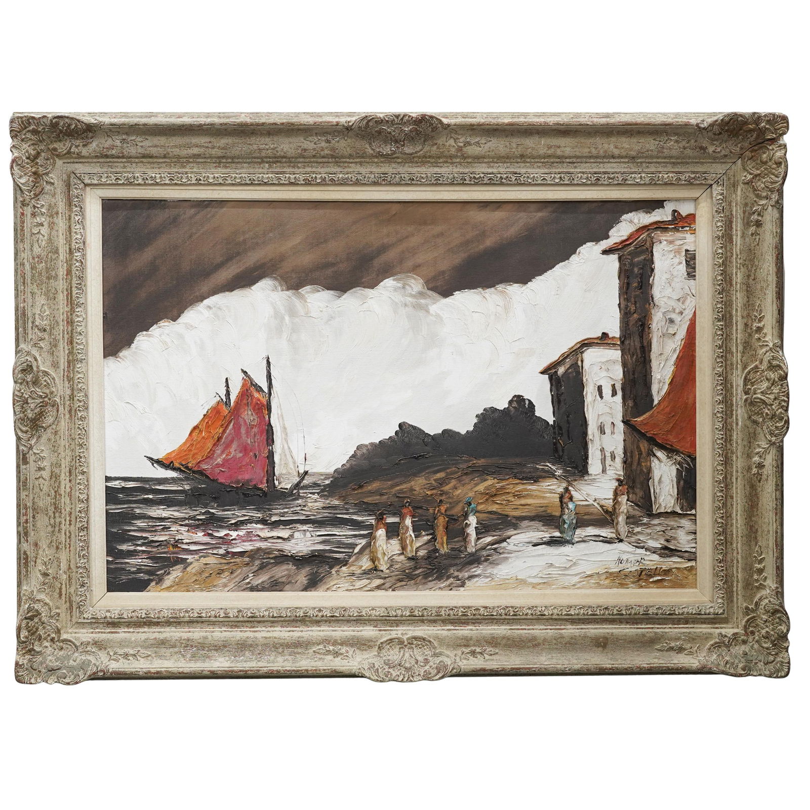 Homer Costello (American,1899-1977) "Moroccan Seascape" Oil On Canvas Painting: Homer Costello (American,1899-1977) "Moroccan Seascape" Oil On Canvas Painting20th century, AmericanOil on canvas by Homer Costelo depicting a Moroccan costal scene with white washed buildings, figure