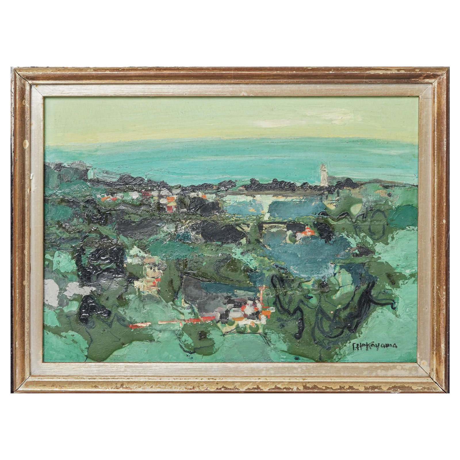 Saburo Nakayama (Japanese, 20th cent.) "Landscape w/ Lighthouse" O/C: Saburo Nakayama (Japanese, 20th cent.) "Landscape w/ Lighthouse" O/CEarly to mid 20th century, JapaneseAn oil on canvas landscape titled "Landscape with Lighthouse" by artist Saburo Nakayama (Japanese