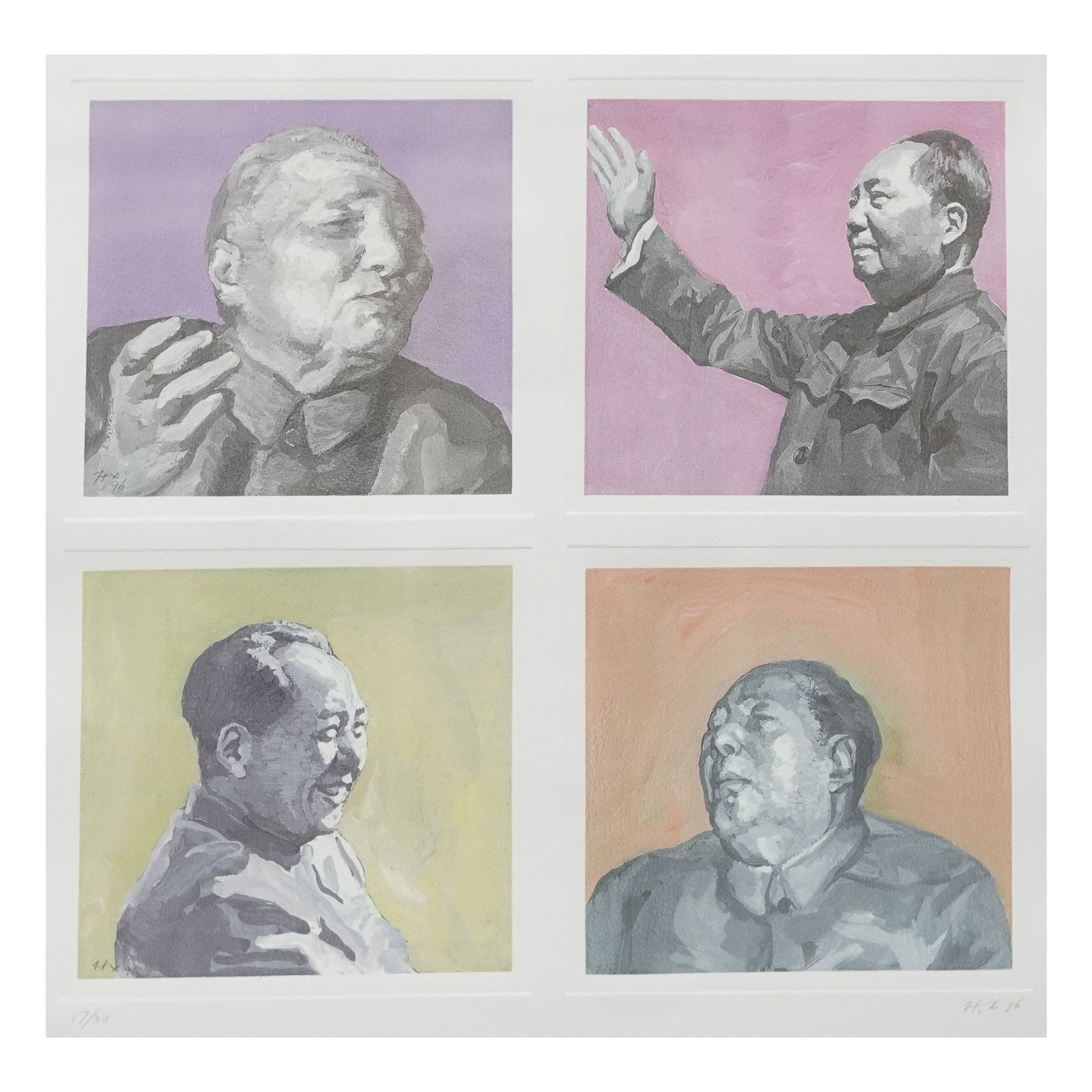 Signed Four Panel Mao Zedong Portrait Print: Signed Four Panel Mao Zedong Portrait Print20th centuryColor print composed of four portrait studies of Mao Zedong arranged in a grid format. Each figure is rendered in grisaille against vibrant color