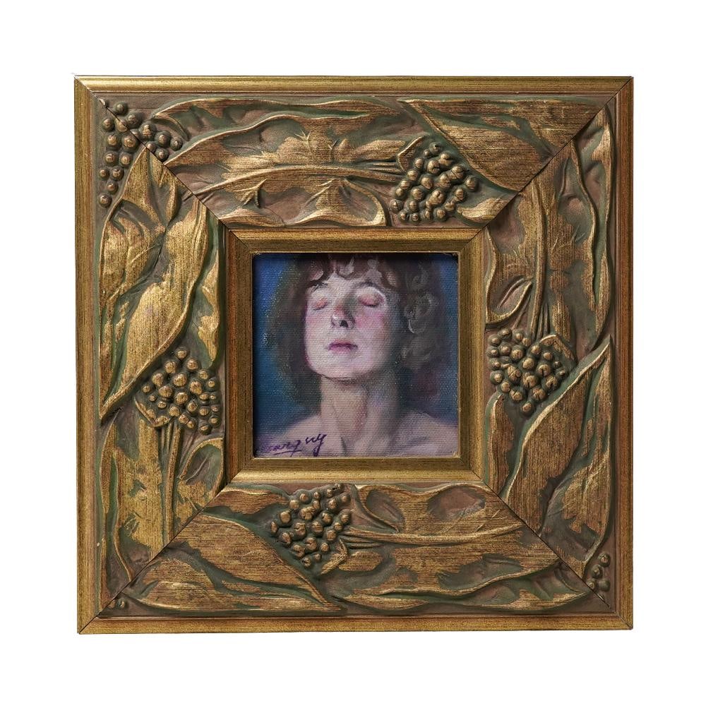 Signed Acrylic On Canvas Portrait Painting: Signed Acrylic On Canvas Portrait Painting21st centuryAcrylic on canvas miniature depicting a young figure with close eyes rendered in soft expressive brushstrokes. Signed lower left and retaining a p