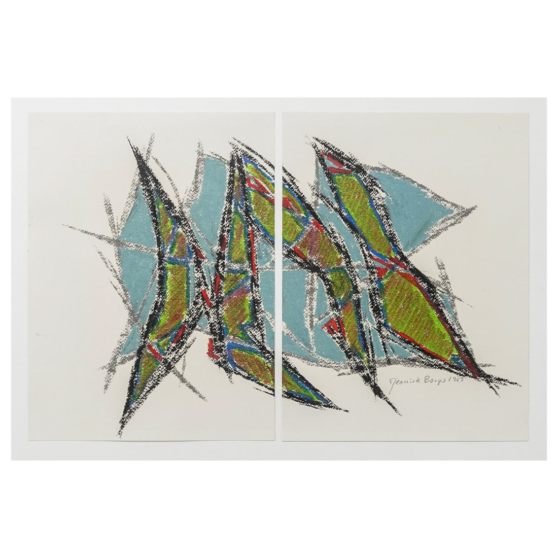 Jeanick Bouys (French b.1950) Abstract Watercolor & Gouache on Paper: Jeanick Bouys (French b.1950) Abstract Watercolor & Gouache on Paper1989, FrenchThe piece is an abstract painting created in 1989. It is composed of watercolor and gouache applied across two sheets of