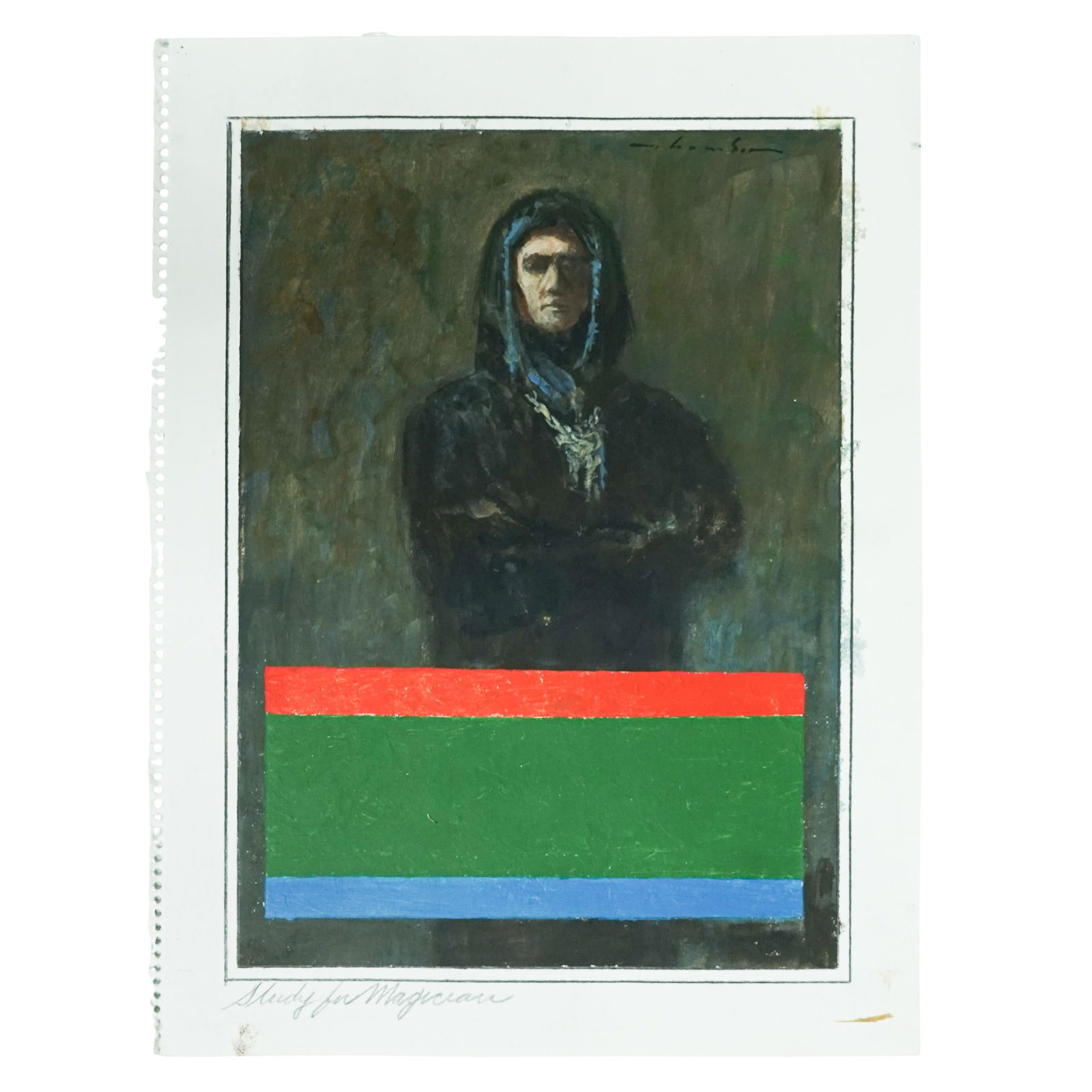 Signed "Study for Magician" Pastels on Paper: Signed "Study for Magician" Pastels on Paper20th centuryA pastels on paper portrait titled in bottom left "Study for Magician". Illegibly signed in top right.Overall H 15" x W 11.25" Image H 12.5" x W