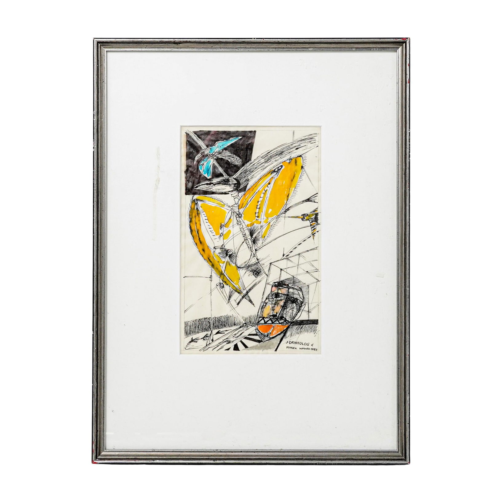 Marek Wawro (Polish, b. 1953) "Ornitolog" Ink & Gouache on Paper: Marek Wawro (Polish, b. 1953) "Ornitolog" Ink & Gouache on Paper1987, PolishAn ink and gouache on paper abstract ink on paper artwork by Marek Wawro (Polish, born 1953). The work is titled "Ornitolog"