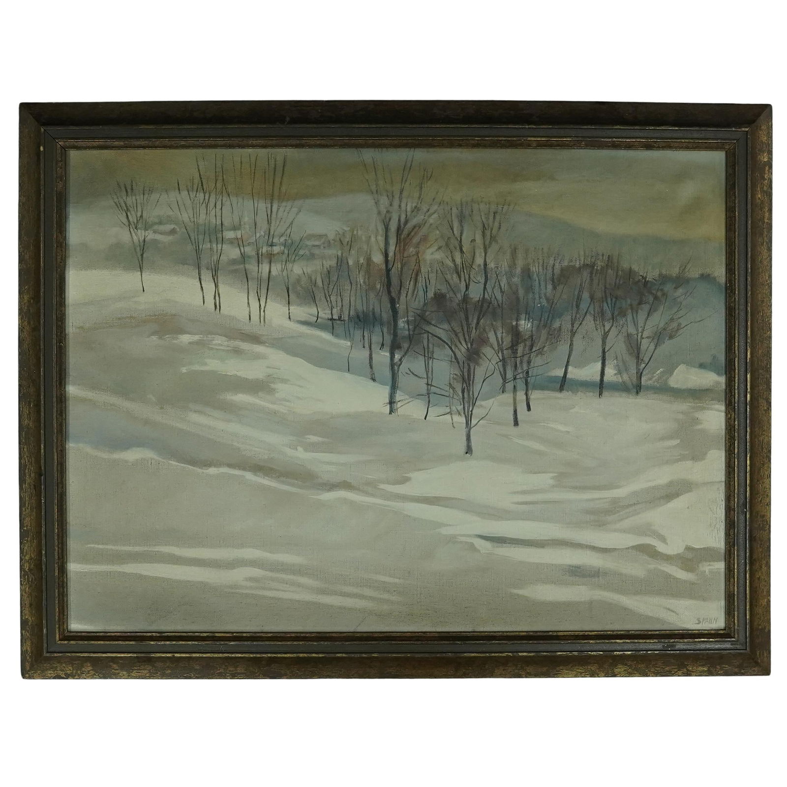 Barry Spann (American, b. 1948) Oil on Canvas "Winter": Barry Spann (American, b. 1948) Oil on Canvas "Winter"20th century, AmericanThe artwork is an impressionist style scene by Barry Spann, featuring a group of thin, bare trees in the middle ground, stan