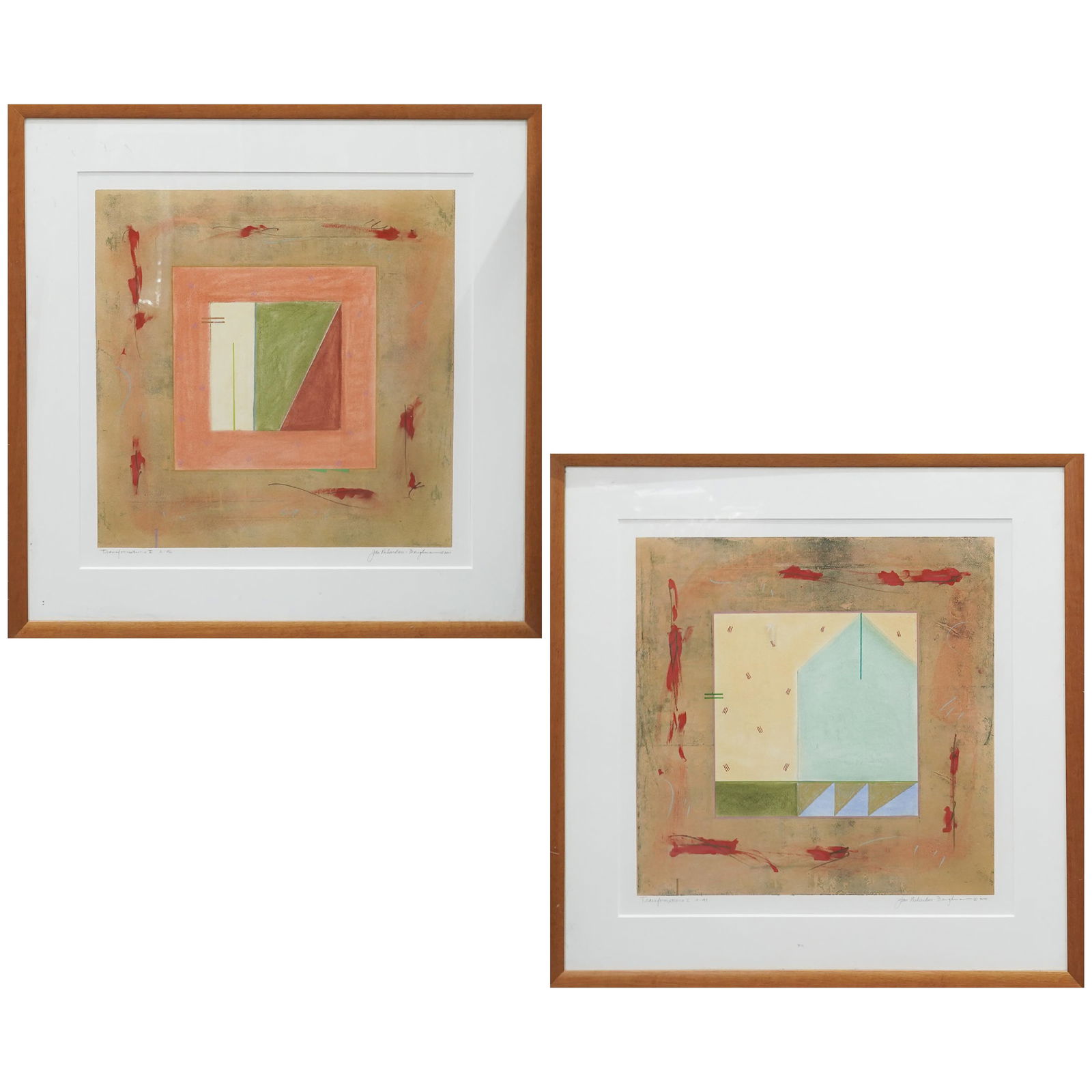 Jan Richardson (American, 1947-2014) "Transformation II" Colored Engravings: Jan Richardson (American, 1947-2014) "Transformation II" Colored Engravings2000, AmericanTwo hand-colored abstract geometric engravings by Jan Richardson-Baughman in warm earth tones, featuring a cent