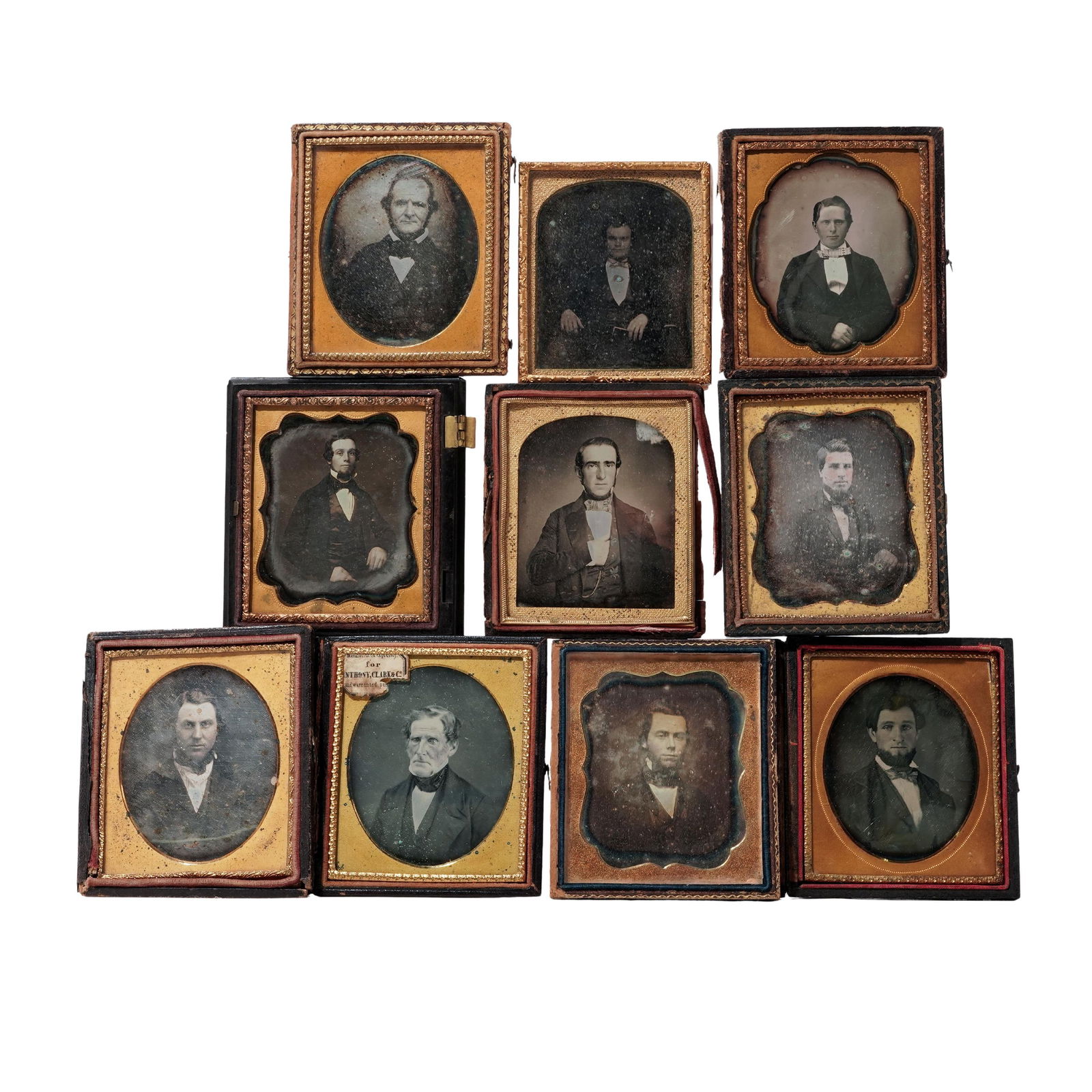 (10 Pc) 19th C. Daguerreotype Portrait Photos of Gentlemen: (10 Pc) 19th C. Daguerreotype Portrait Photos of GentlemenMid 19th c., USAOriginal antique daguerreotype photographs featuring portraits of individual gentlemen.Provenance: Private Pennsylvanian Estat