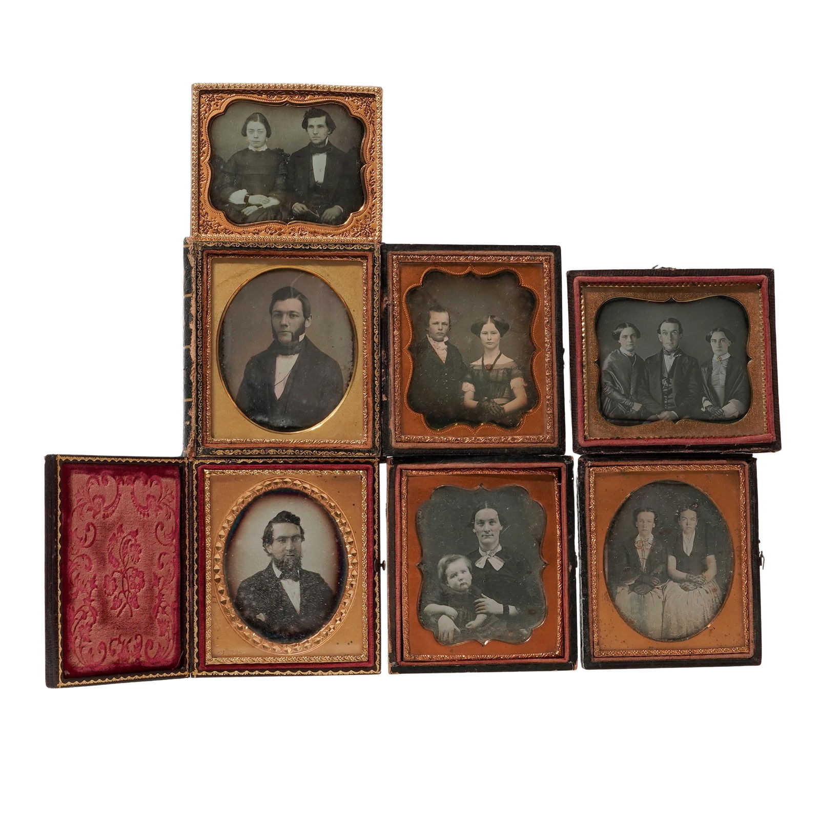 (7 Pc) 19th C. Daguerreotype/Tintype Couples & Family Photos: (7 Pc) 19th C. Daguerreotype/Tintype Couples & Family Photos Mid 19th c., USA Antique original daguerreotype and tintype photograph portraits of a man, couples, and families. Some are housed in gutta