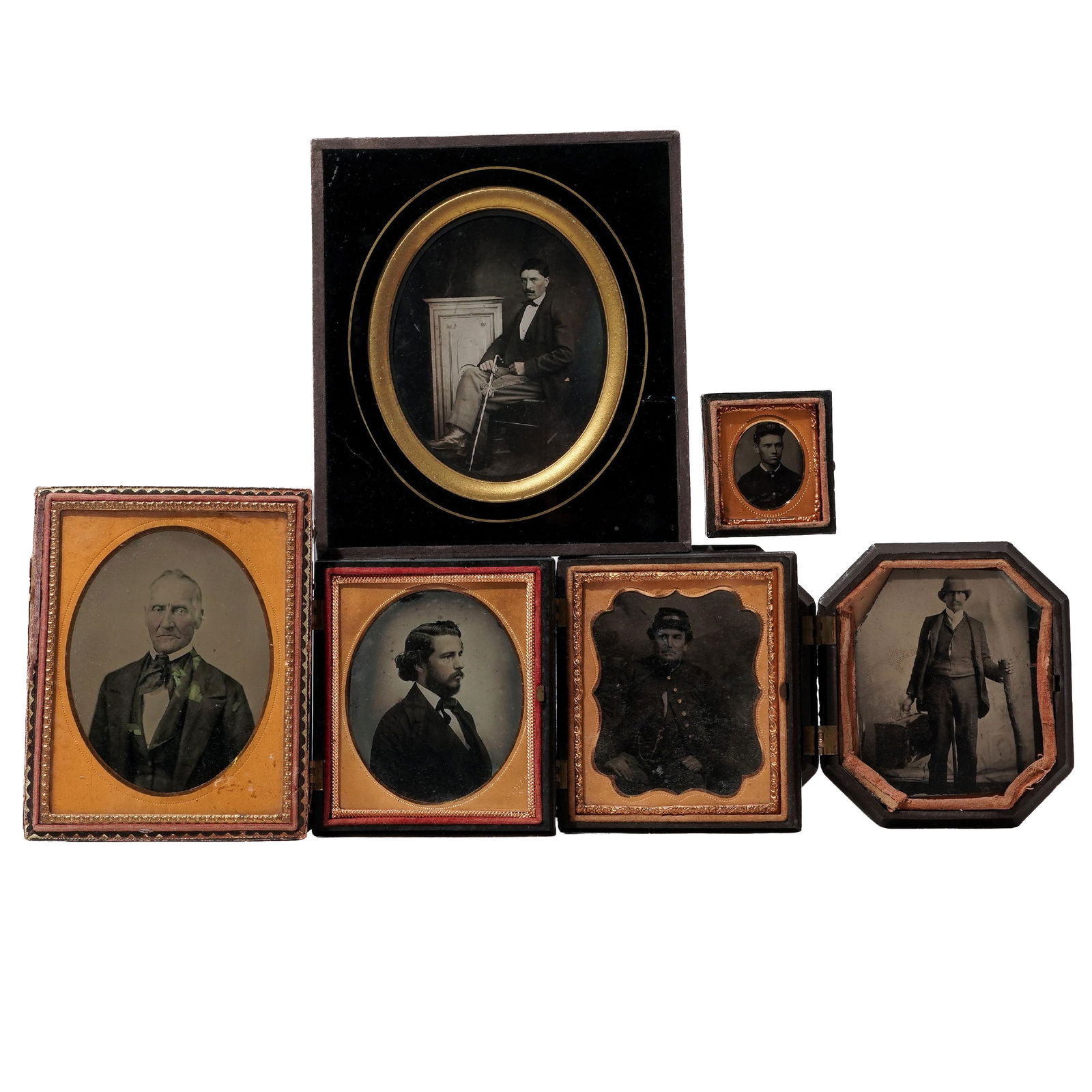 (6 Pc) 19th C. Ambrotype Portrait Photographs: (6 Pc) 19th C. Ambrotype Portrait Photographs Mid-19th c., USA Antique ambrotype and tintype portrait photographs of soldiers and other men. Five are housed in gutta percha cases. Provenance: