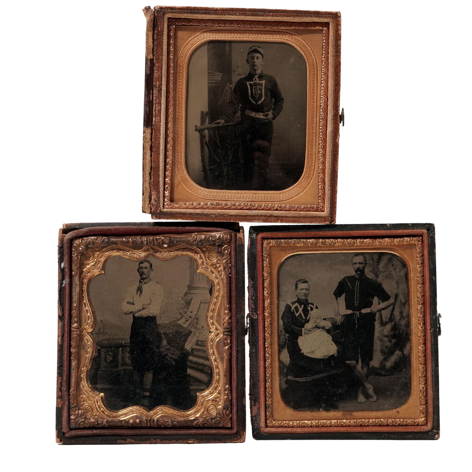 (3 pcs) Antique Sporting Daguerreotypes; Baseball, Swimming: (3 pcs) Antique Sporting Daguerreotypes; Baseball, Swimming 1850s-1890s A set of three antique sporting daguerreotypes depicting men in baseball uniforms and swim suits. Each are dated 1890, 1860s,