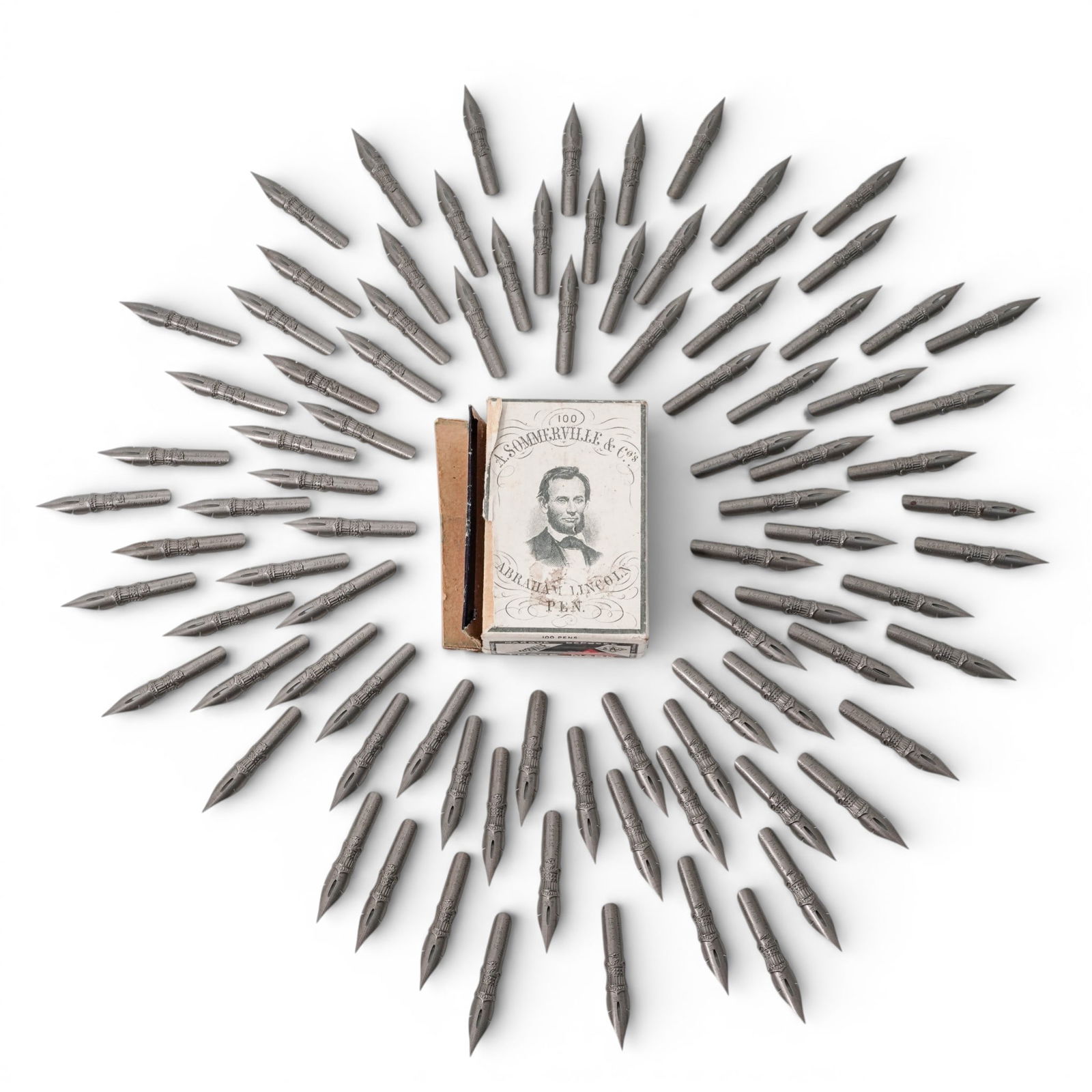 A. Sommerville & Co. Abraham Lincoln No. 757 Pen Writing Nibs: A. Sommerville & Co. Abraham Lincoln No. 757 Pen Writing Nibs c. 1865-1875, England Box of antique A. Sommerville & Co. steel writing nibs for the Abraham Lincoln Pen, likely produced to commemorate