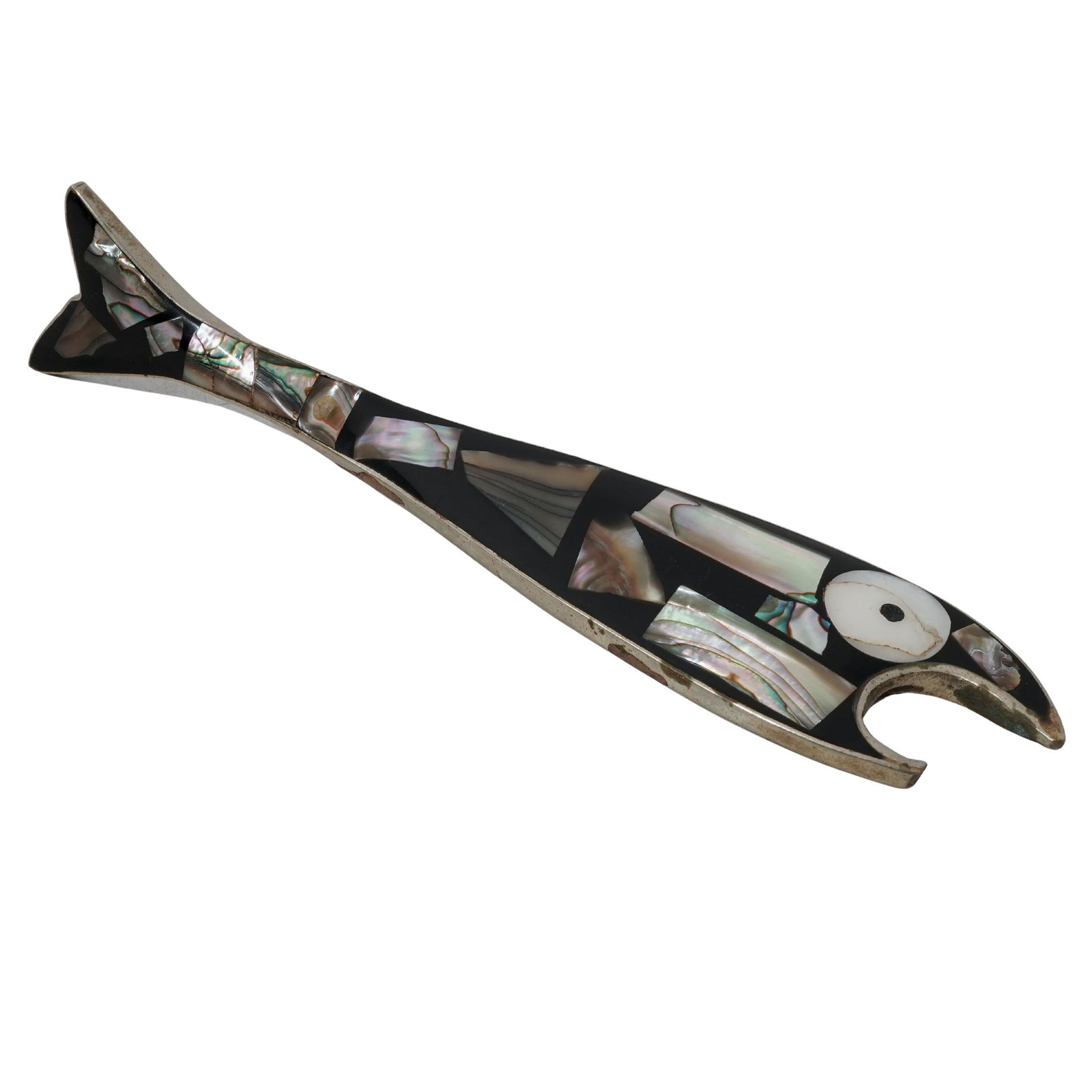 Mexican Alpaca Silver & Abalone Fish Bottle Opener: Mexican Alpaca Silver & Abalone Fish Bottle Opener Mid to Late 20th c., Mexico Mexican stylized fish-shaped bottle opener crafted from Alpaca silver (a metal alloy of copper, nickel, and zinc) inlaid