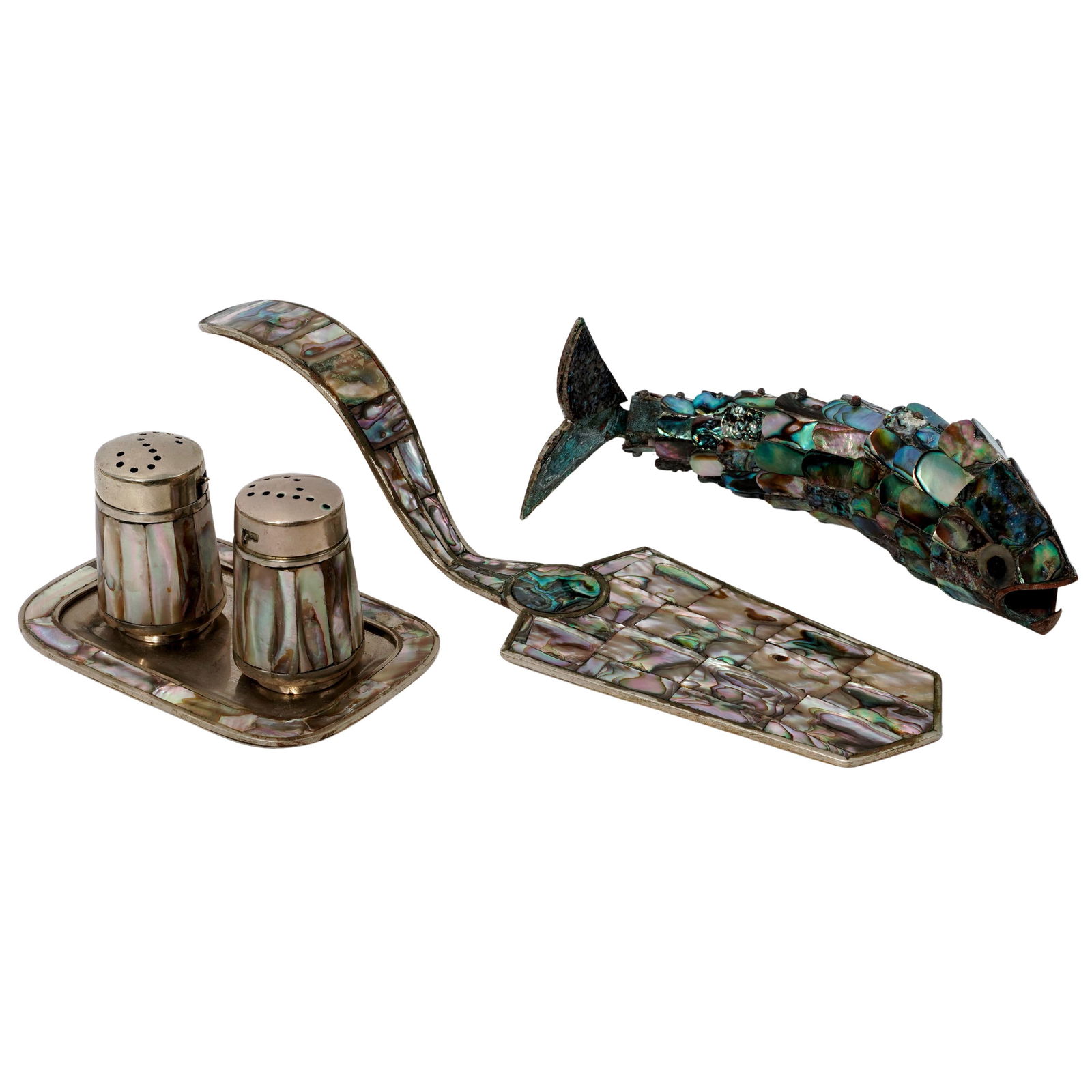 (5 Pc) Mexican Alpaca Silver & Abalone Kitchen Set: (5 Pc) Mexican Alpaca Silver & Abalone Kitchen Set Late 20th c., Mexico Mexican stylized articulated fish-shaped bottle opener crafted from Alpaca silver (a metal alloy of copper, nickel, and zinc)