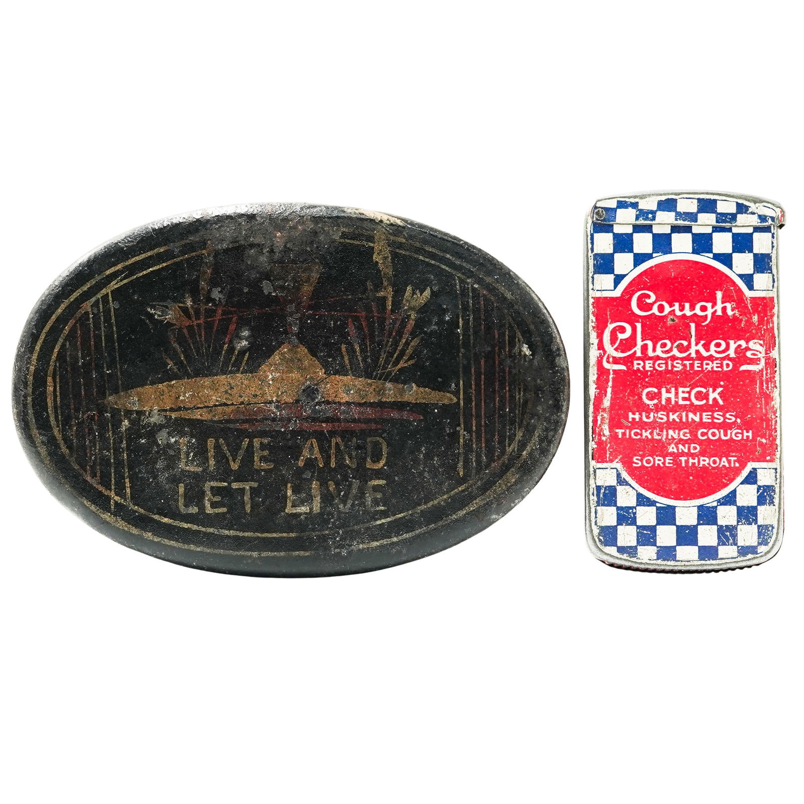 (2 Pc) Antique Advertisment Tobacco & Medicine Tins: (2 Pc) Antique Advertisment Tobacco & Medicine TinsEarly 19th c. & Early 20th c.Early 20th c. Couch Checkers match safe tin featuring a blue-and-white checkered border with a red center. The text on t