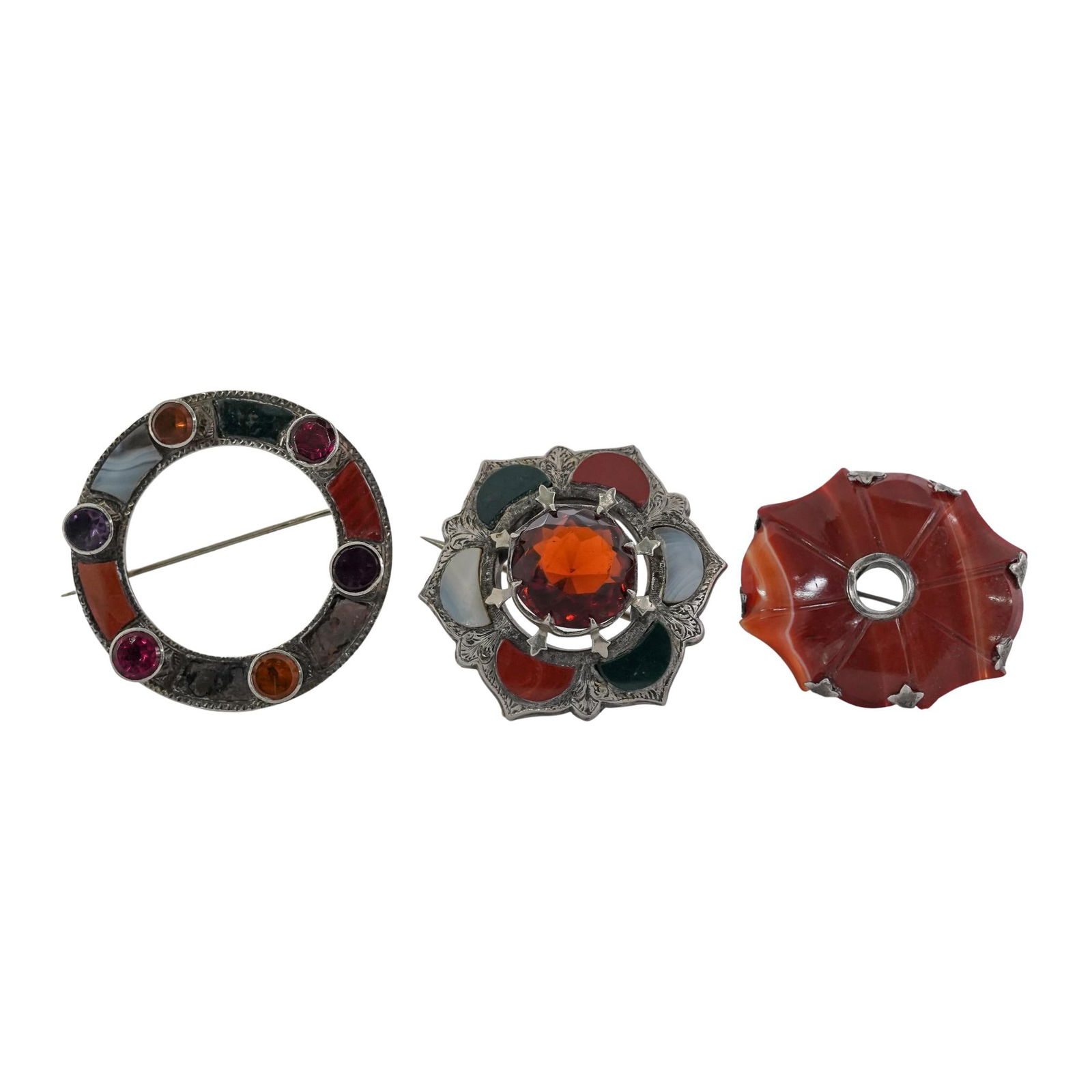 (3 Pc) Victorian Silver & Stone Inlaid Brooches: (3 Pc) Victorian Silver & Stone Inlaid BroochesLate 19th-Early 20th c., United KingdomAntique silver brooches set with Scottish agate and other semi-precious gemstones.Total weight: 37.8g(Largest) Dia