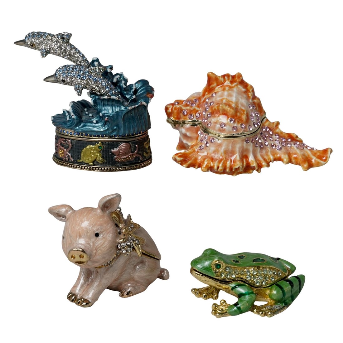 (4 Pc) Enameled Figural Trinket Boxes: (4 Pc) Enameled Figural Trinket BoxesLate 20th c., USAFour colorful enameled metal figural trinket boxes inlaid with crystal accents.(Largest) H: 2.5" W: 1.25" L: 3"(Smallest) H: 1" W: 2" L: 2"