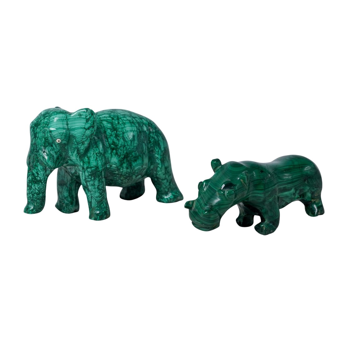 (2 Pc) Carved Malachite Elephant & Hippo Figurines: (2 Pc) Carved Malachite Elephant & Hippo Figurines20th c.Carved malachite figurines depicting a hippopotamus and an elephant with inlaid eyes.(Elephant) H: 3" W: 1.75" L: 4.75"(Hippo) H: 1.75" W: 1.35