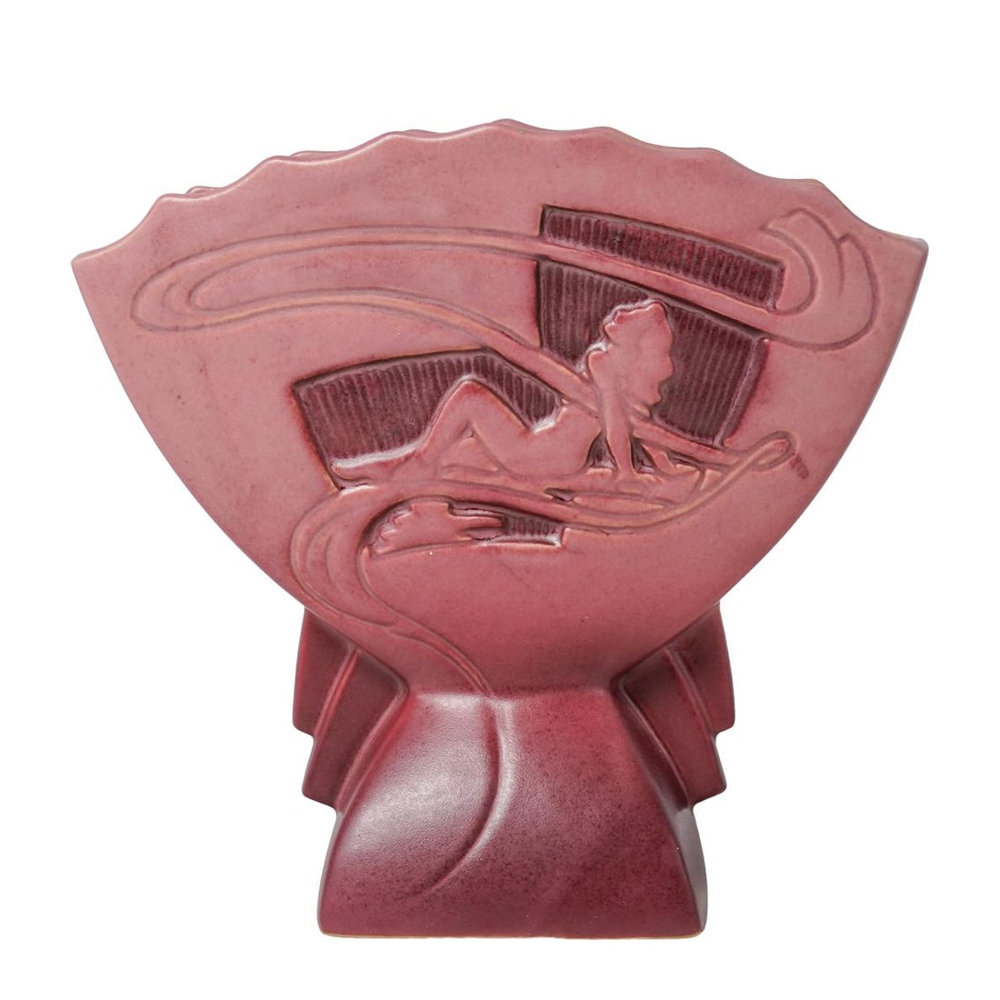 Roseville Pottery "Silhouette" Nude Fan Vase: Roseville Pottery "Silhouette" Nude Fan Vasec. 1950s, USARoseville Pottery "Silhouette" fan vase featuring a molded design of a reclining nude female figure in silhouette against a paneled background.